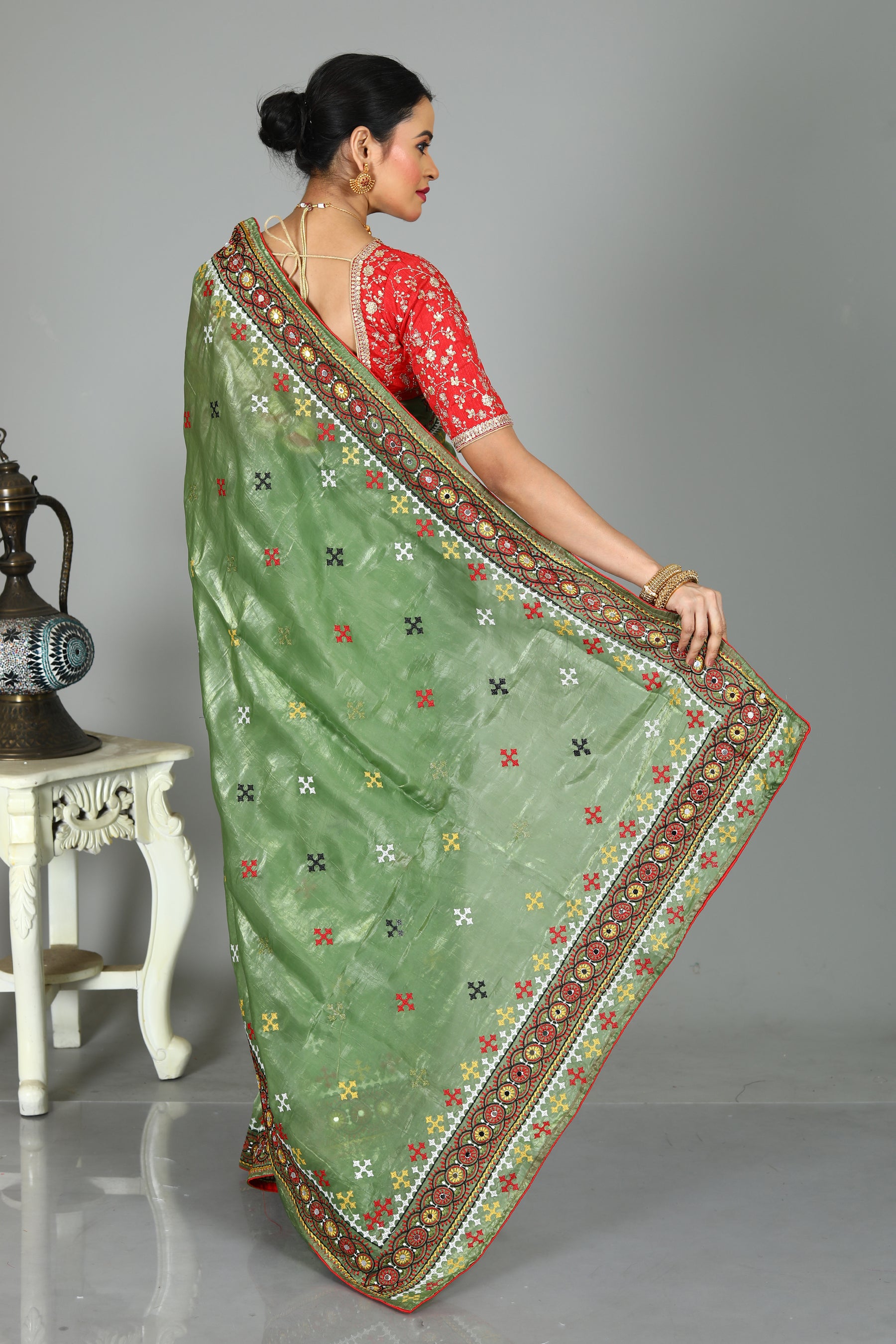 Green Blended Silk Saree with Threadwork