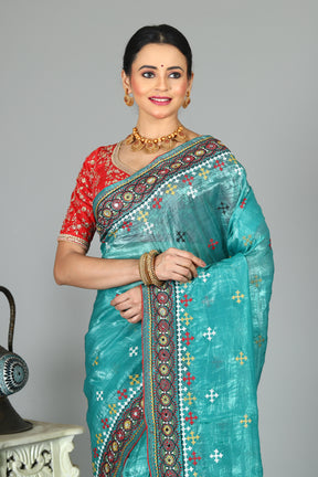 Blue Blended Silk with Threadwork
