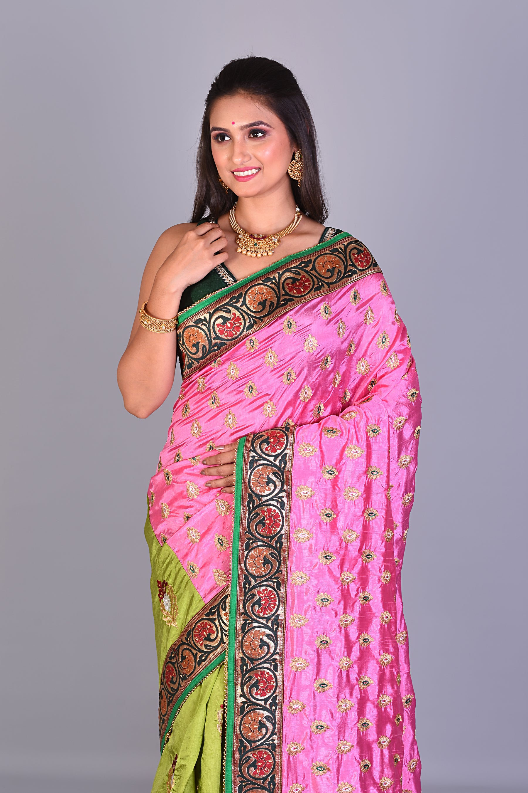 Fancy Pink & Green Half & Half Silk Saree - Keya Seth Exclusive