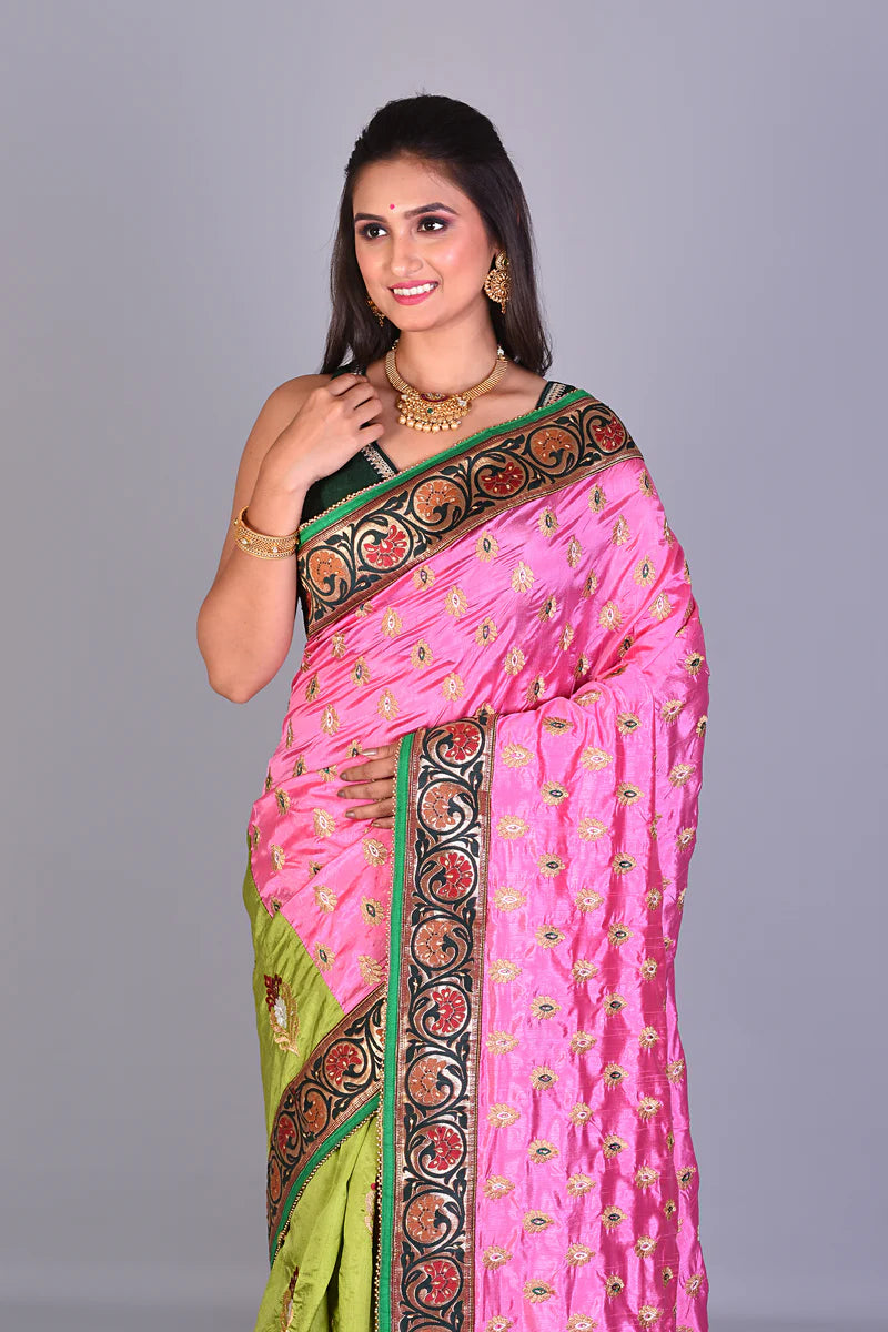 Fancy Pink & Green Half & Half Silk Saree - Keya Seth Exclusive