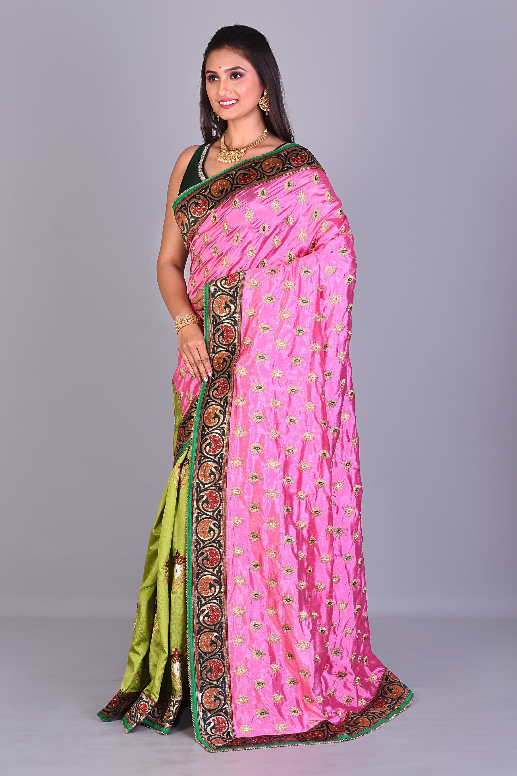 Fancy Pink & Green Half & Half Silk Saree - Keya Seth Exclusive