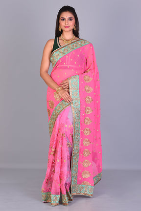 Pink Georgette Saree with Sea Green Borders - Keya Seth Exclusive