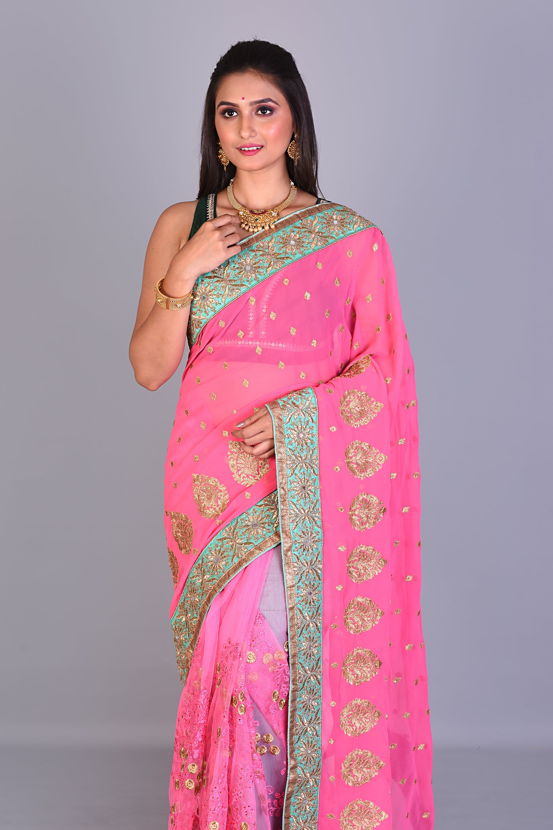 Pink Georgette Saree with Sea Green Borders - Keya Seth Exclusive