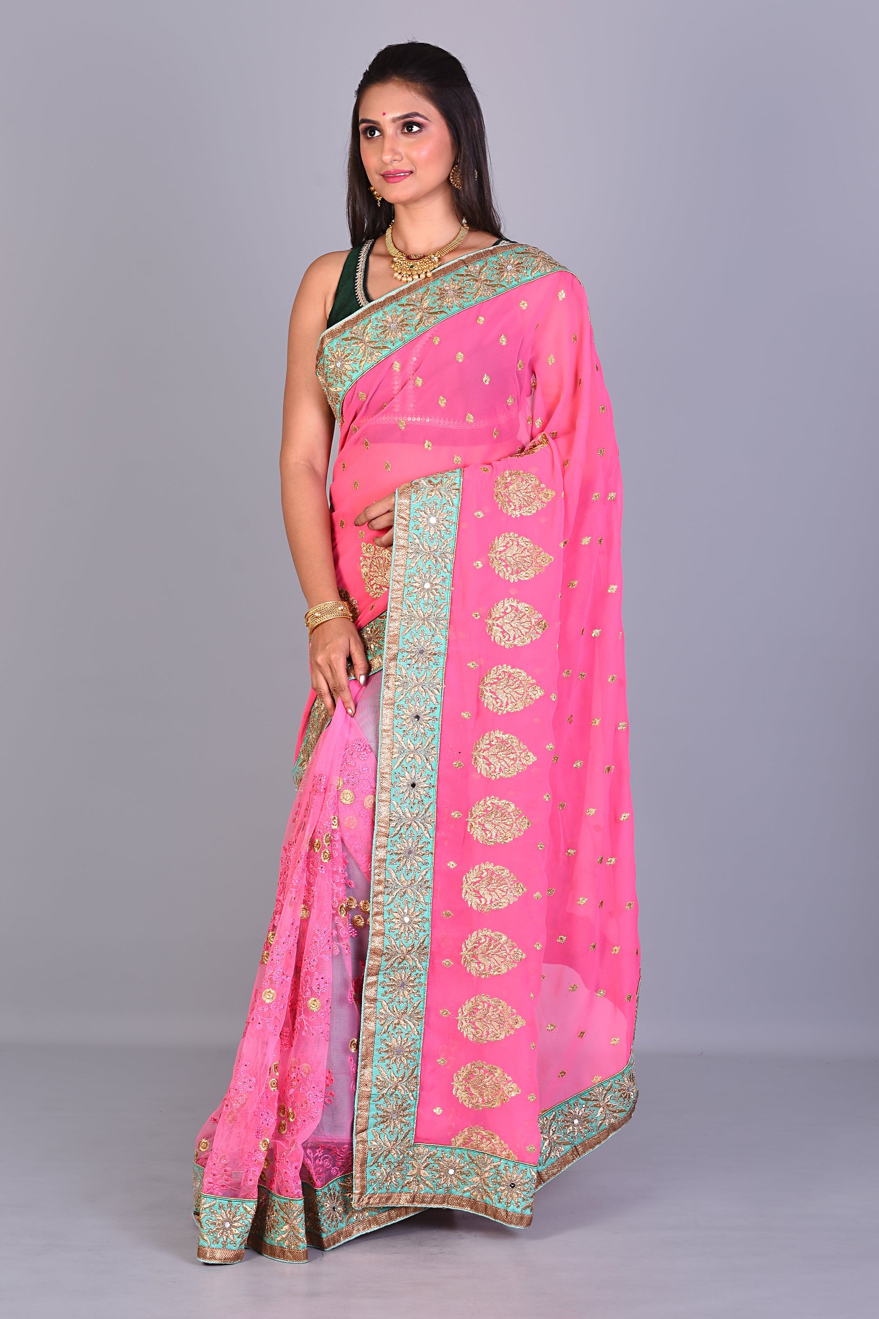 Pink Georgette Saree with Sea Green Borders - Keya Seth Exclusive