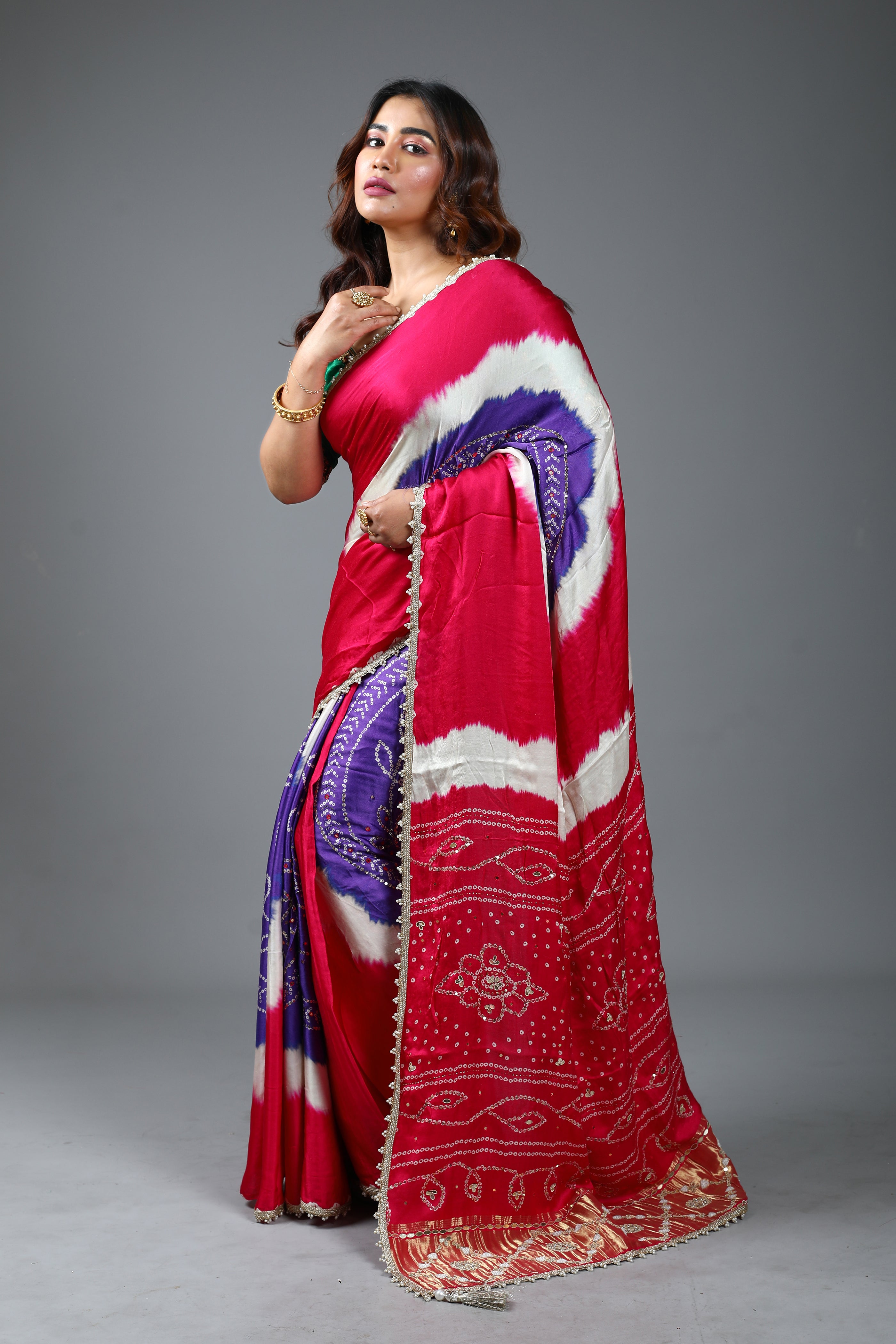 Designer Tie & Dye Pink Dola Silk Saree