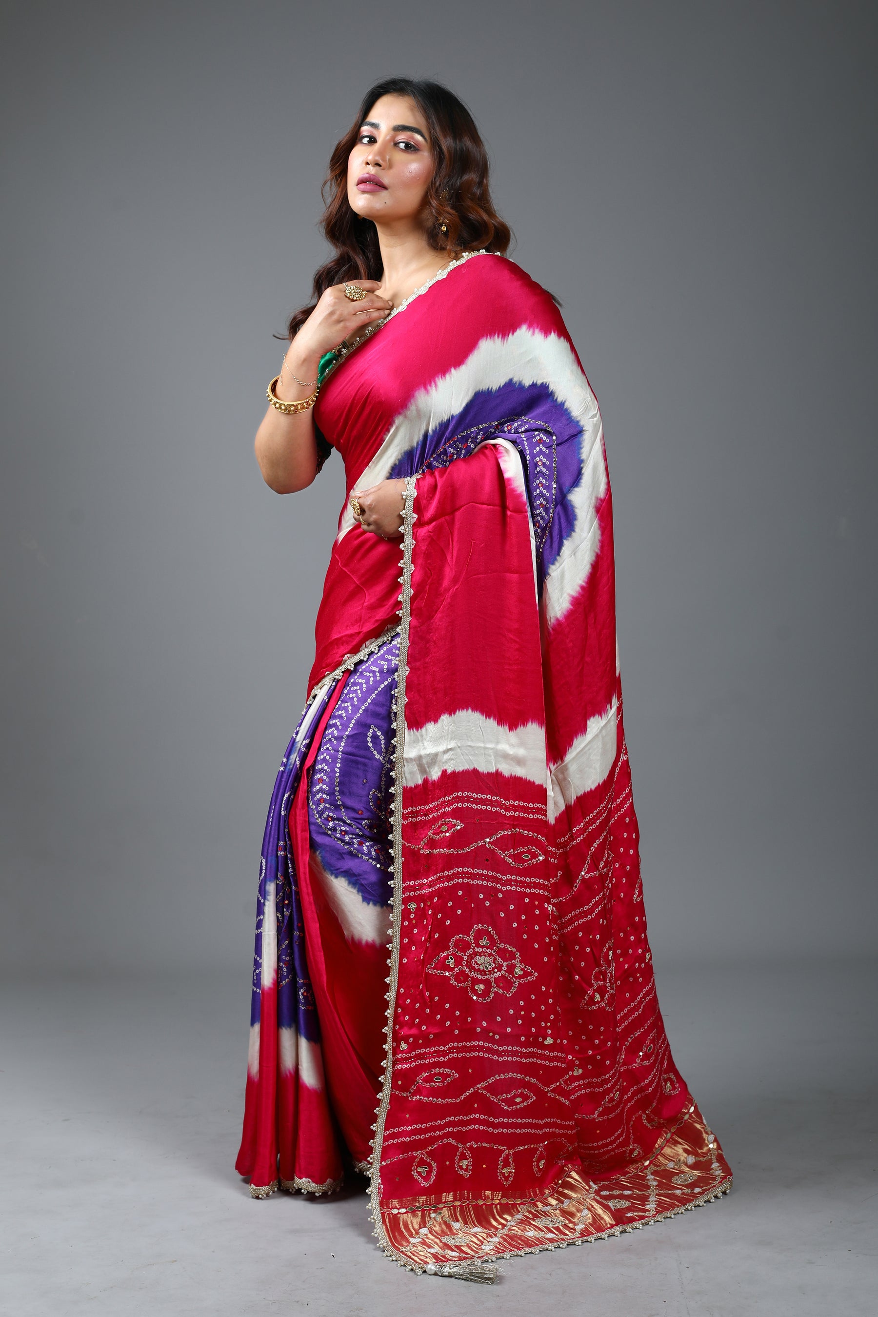 Designer Tie & Dye Pink Dola Silk Saree