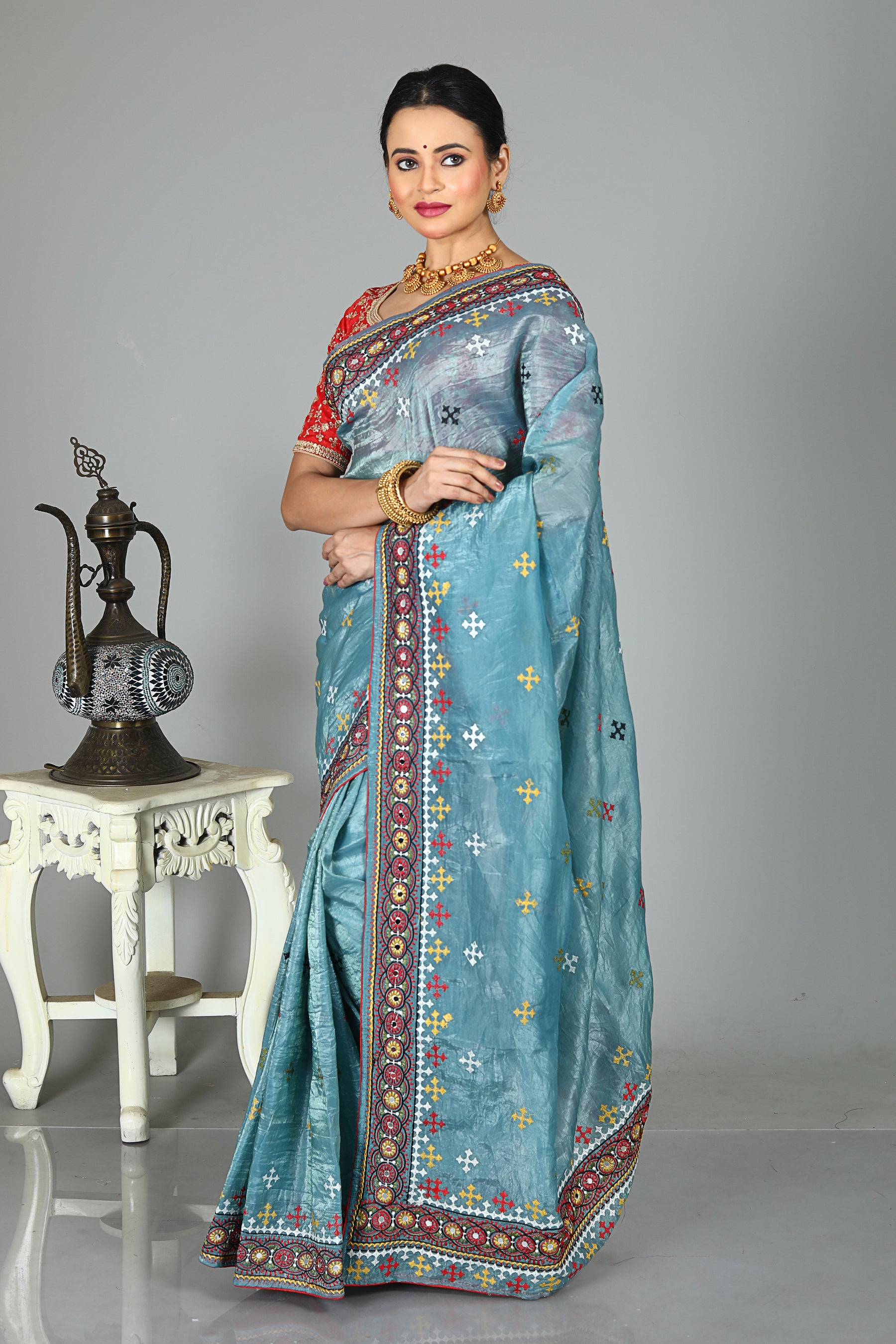 Pastel Blue Blended Silk Saree with Threadwork