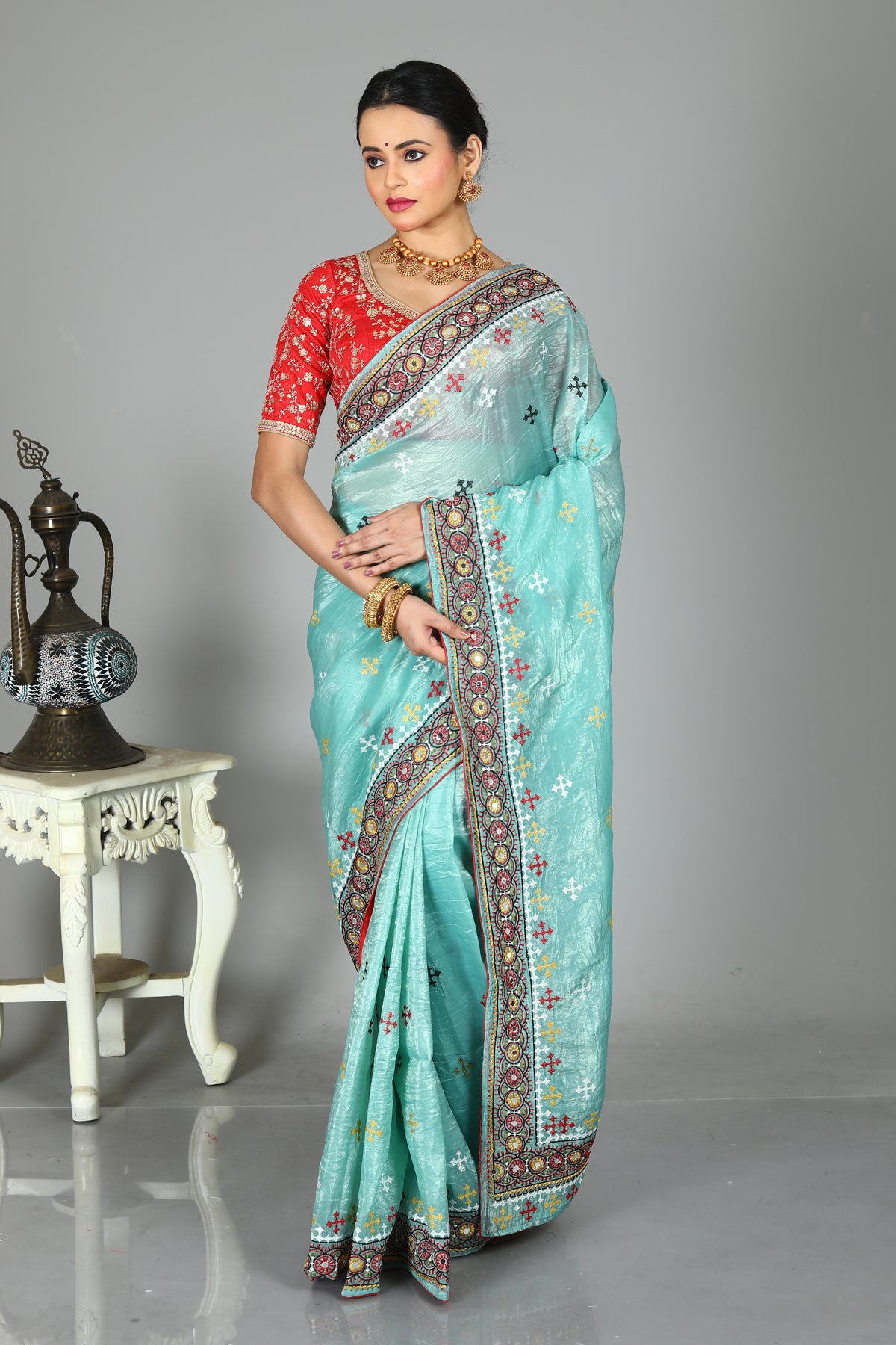 Light Blue Blended Silk Saree with Threadwork