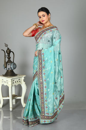 Light Blue Blended Silk Saree with Threadwork