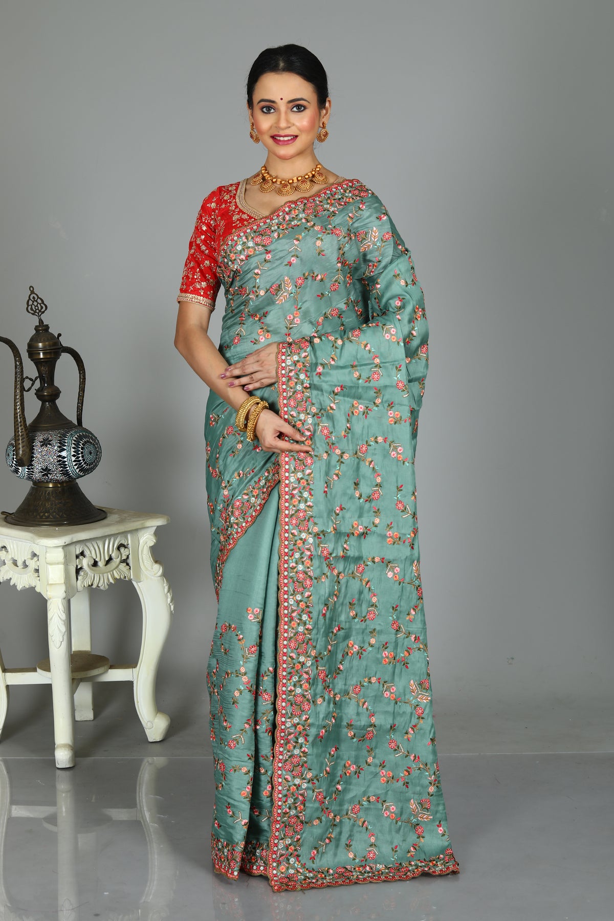 Green Blended Silk Saree with Embroidery Work