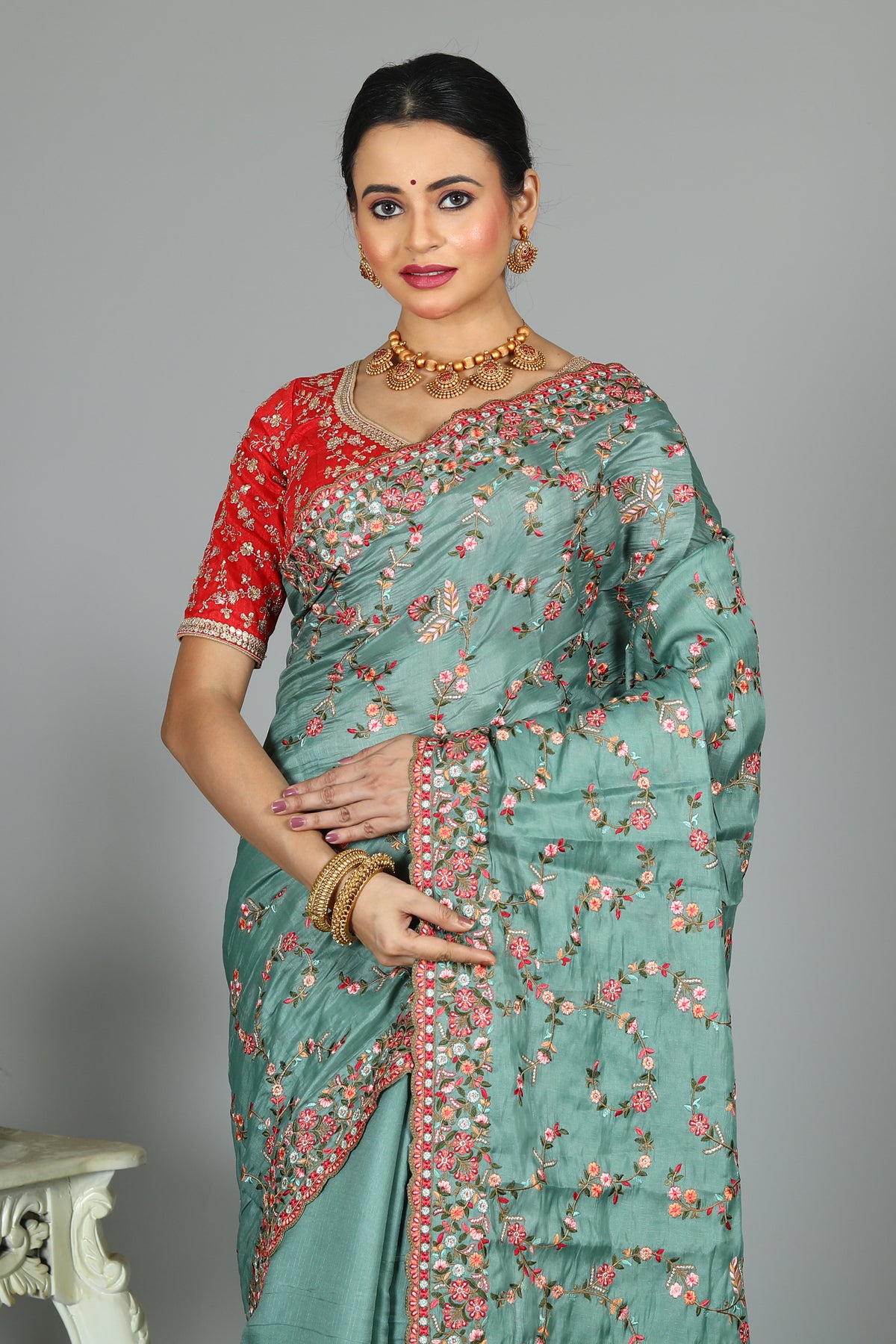 Green Blended Silk Saree with Embroidery Work