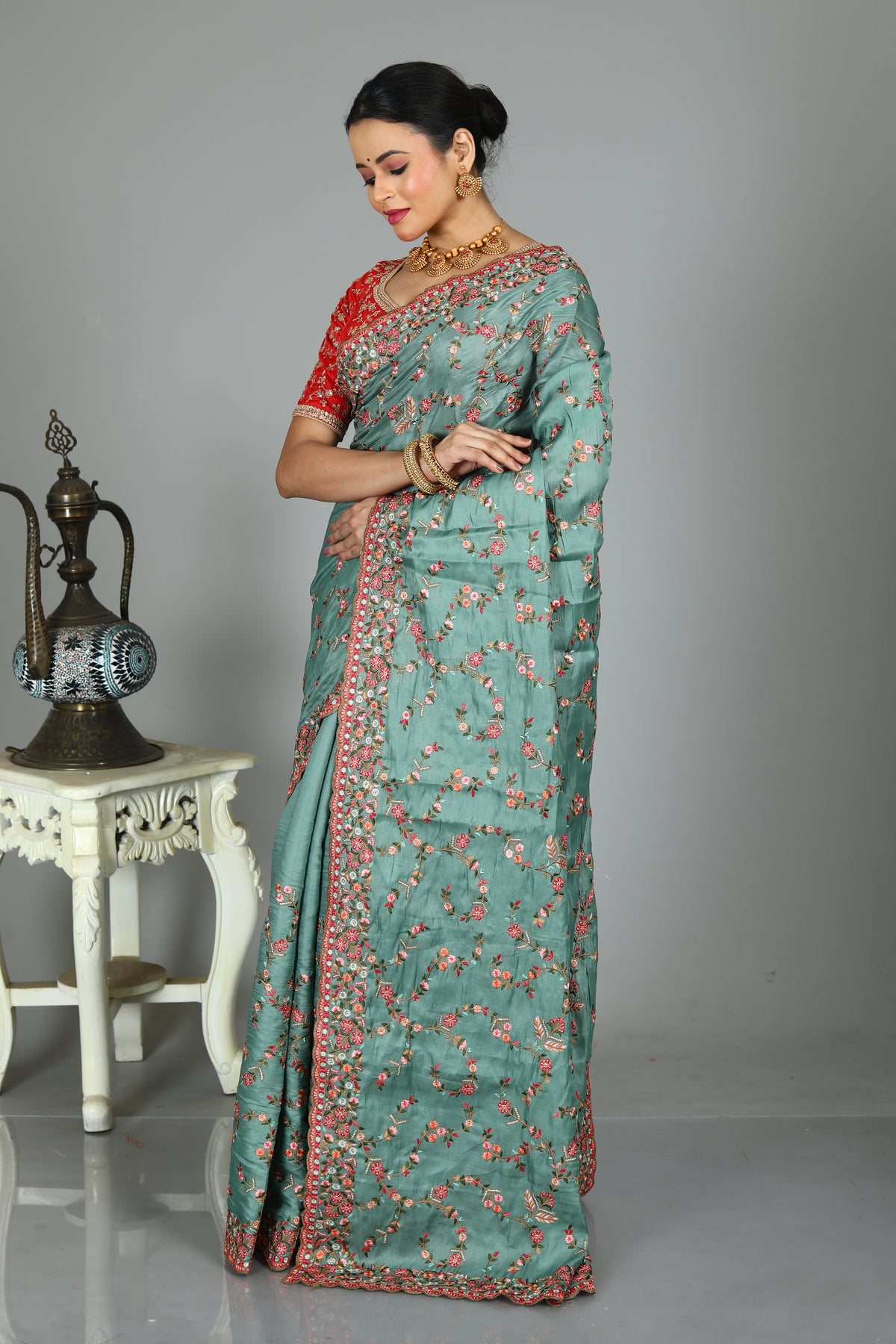 Green Blended Silk Saree with Embroidery Work