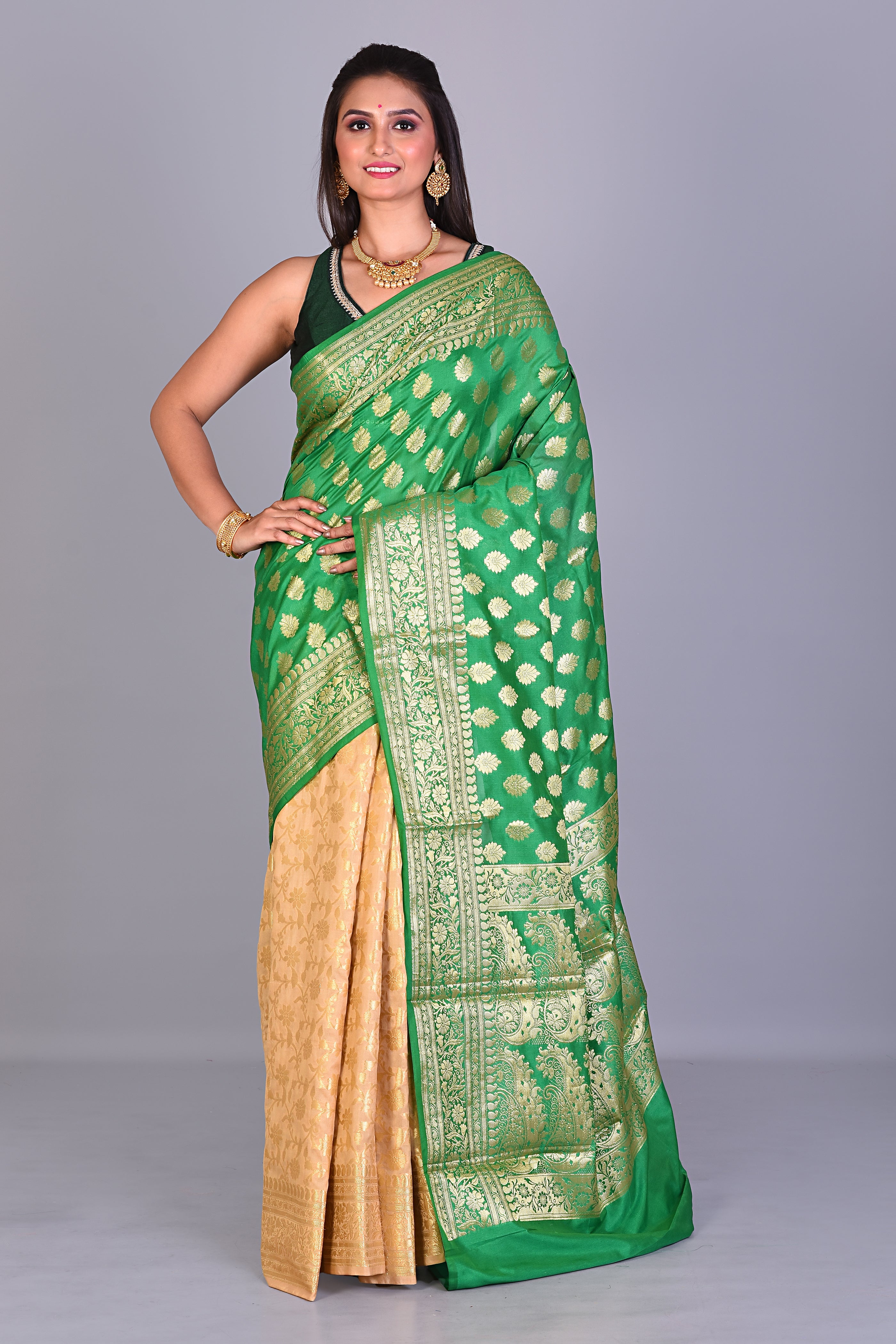 Fancy Green & Beige Half & Half Silk Saree - Keya Seth Exclusive