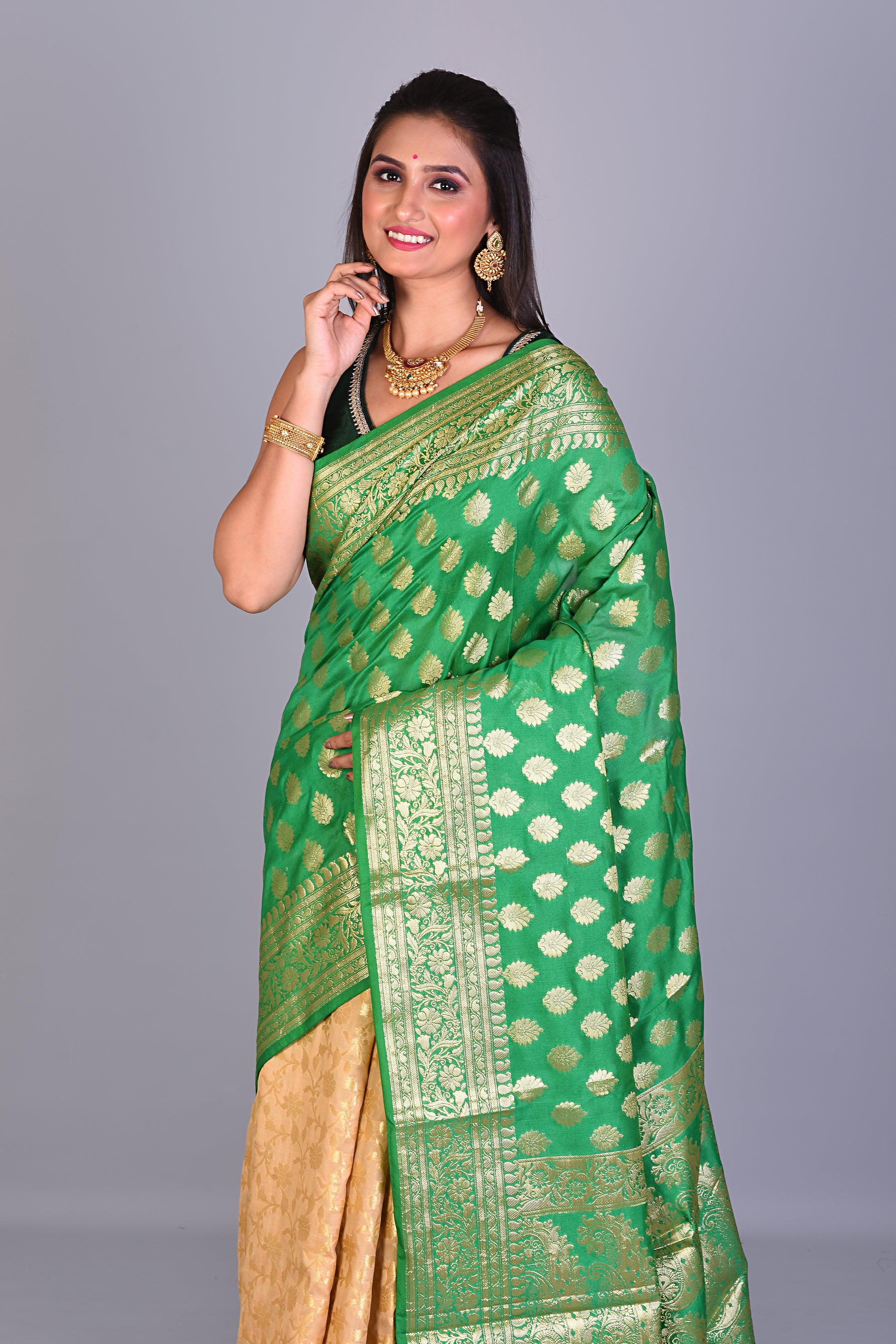 Fancy Green & Beige Half & Half Silk Saree - Keya Seth Exclusive