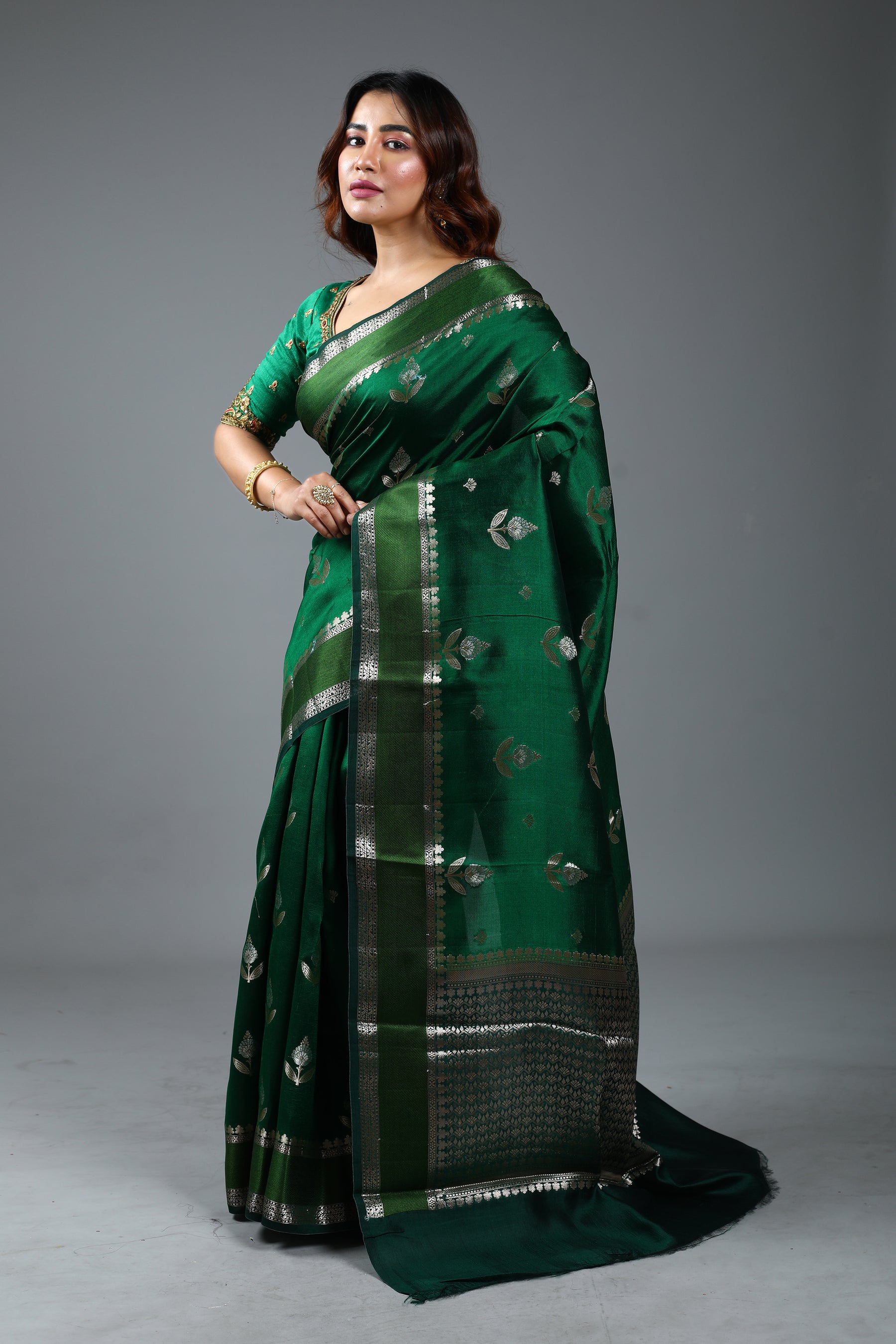 Bottle Green Pure Tissue Saree