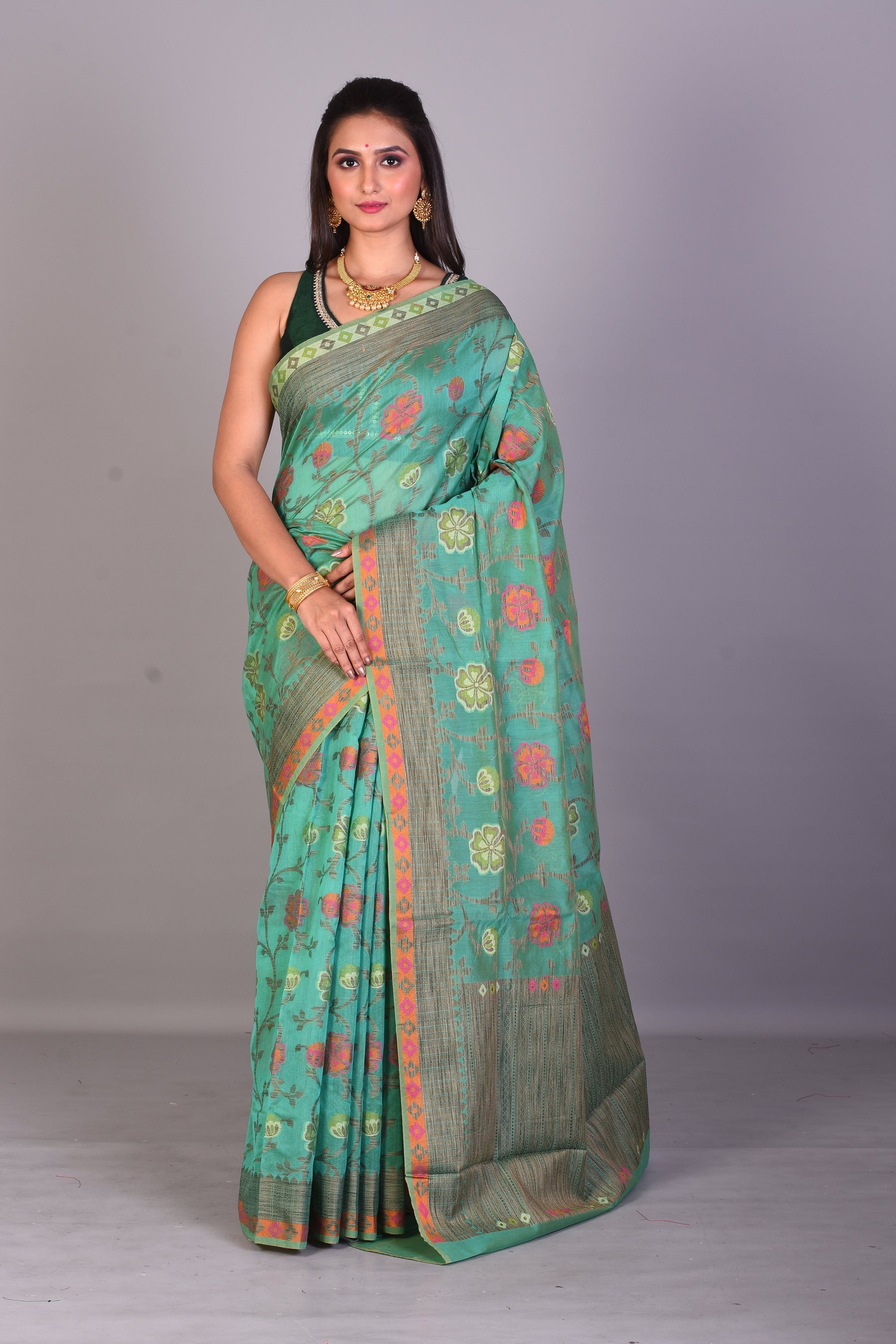 Fancy Sea Green Blended Silk Saree with Threadwork - Keya Seth Exclusive