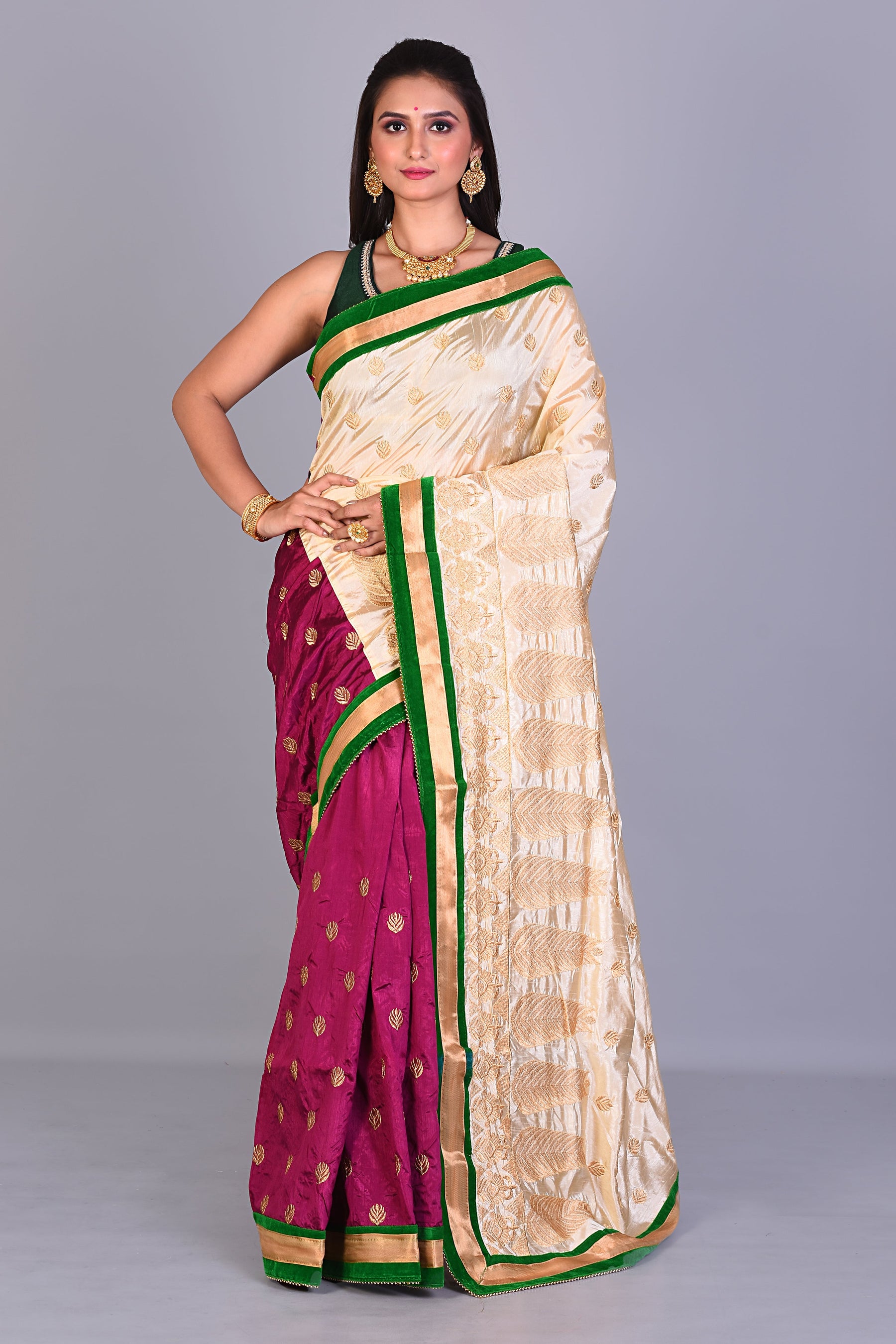 Magenta & Beige Half & Half Blended Silk Saree - Keya Seth Exclusive