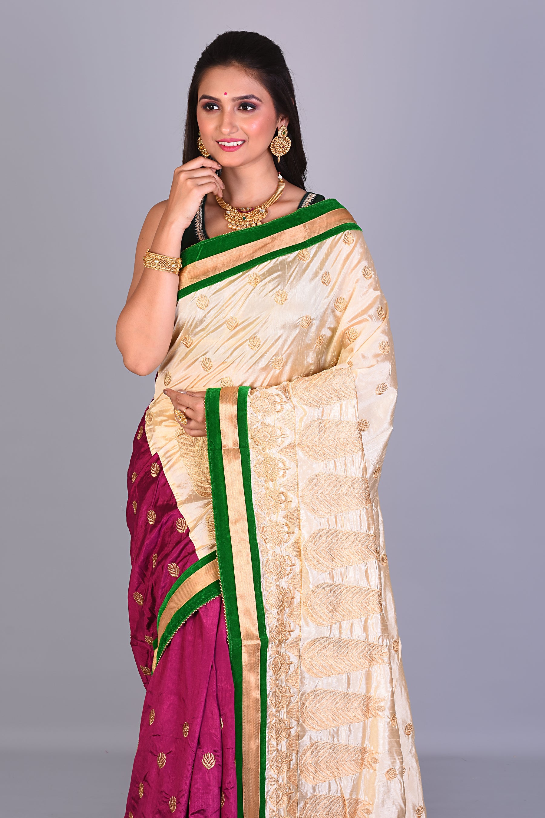 Magenta & Beige Half & Half Blended Silk Saree - Keya Seth Exclusive