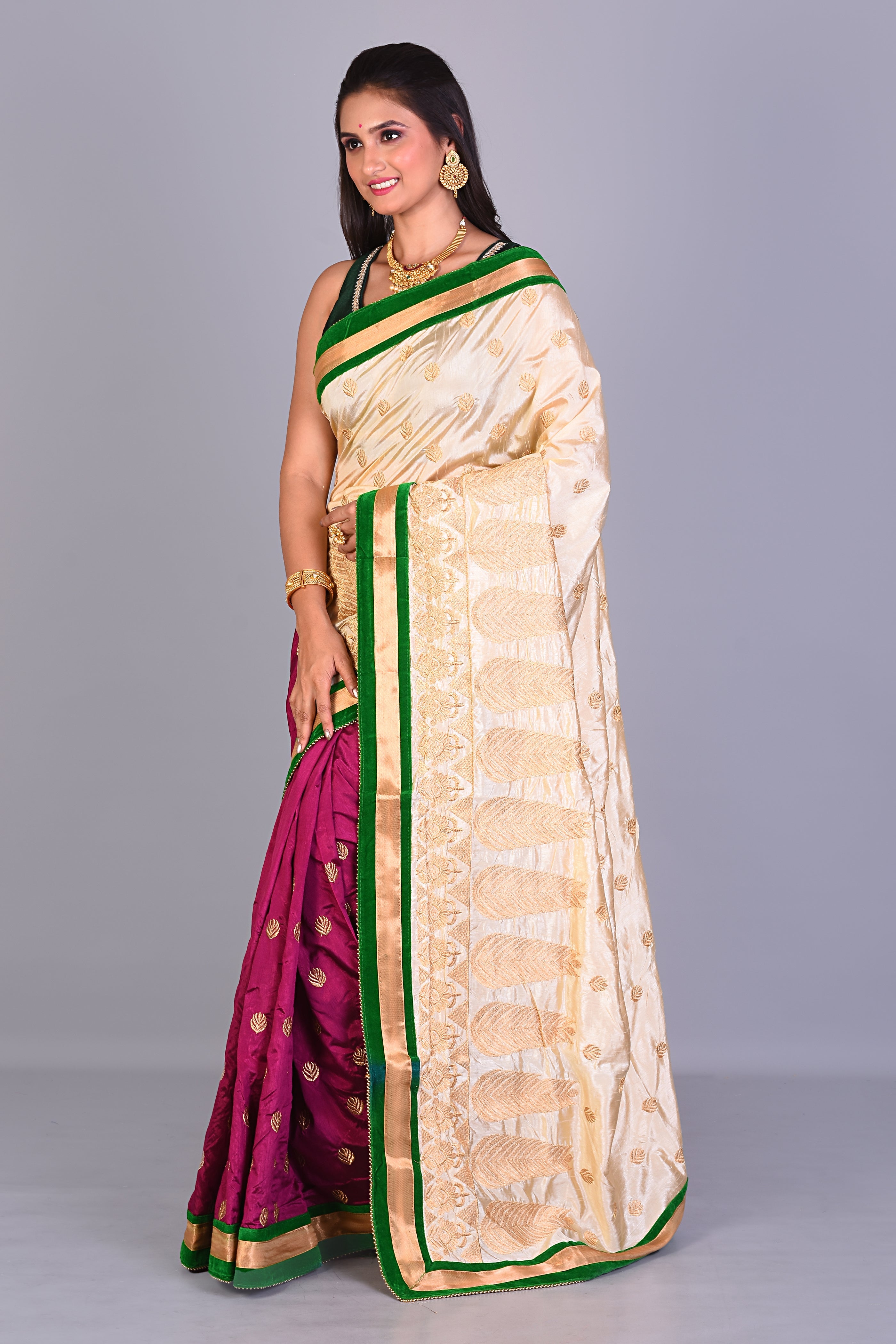 Magenta & Beige Half & Half Blended Silk Saree - Keya Seth Exclusive