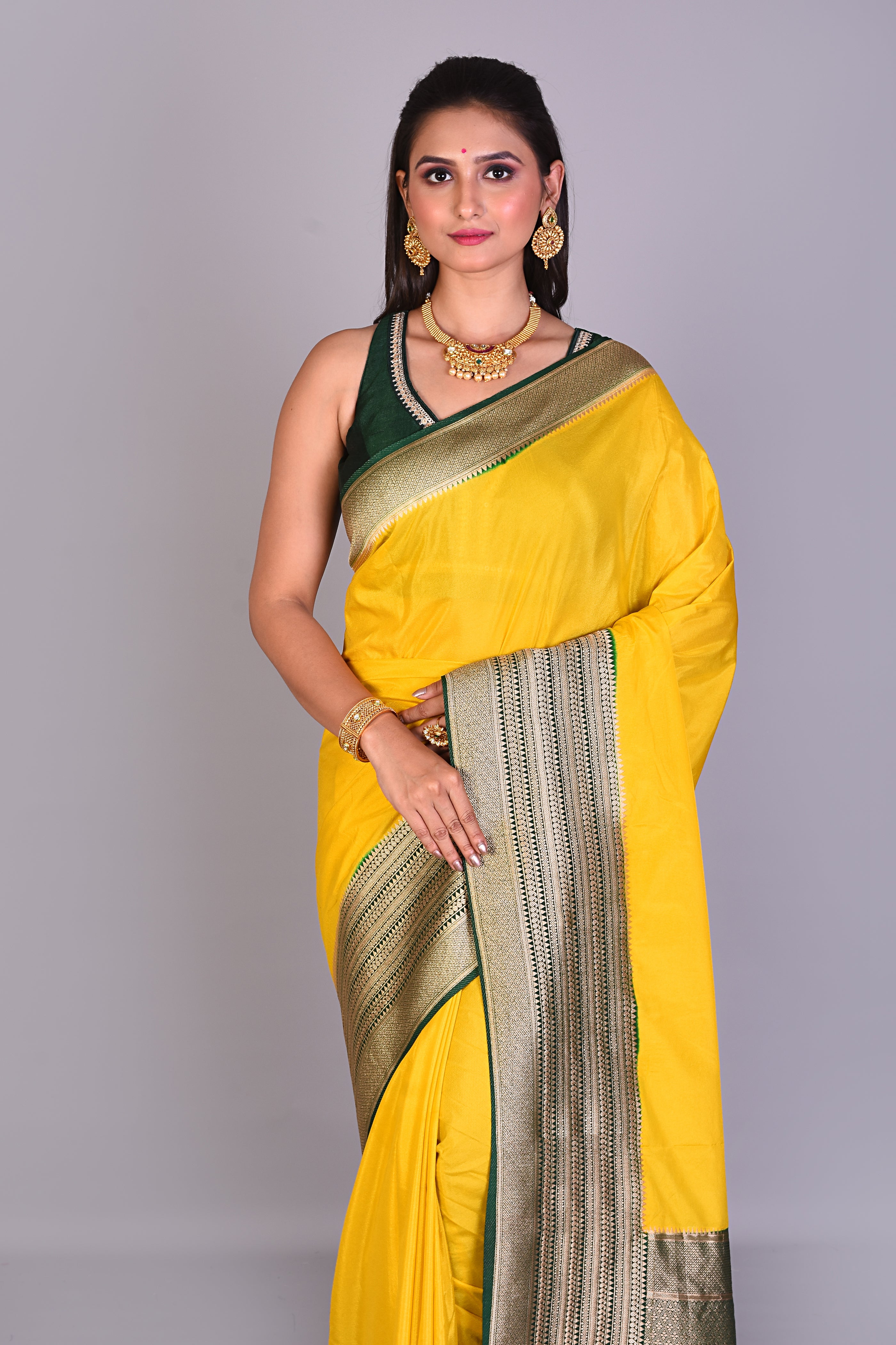 Olive Green Satin Silk Saree with Deep Green Borders - Keya Seth Exclusive