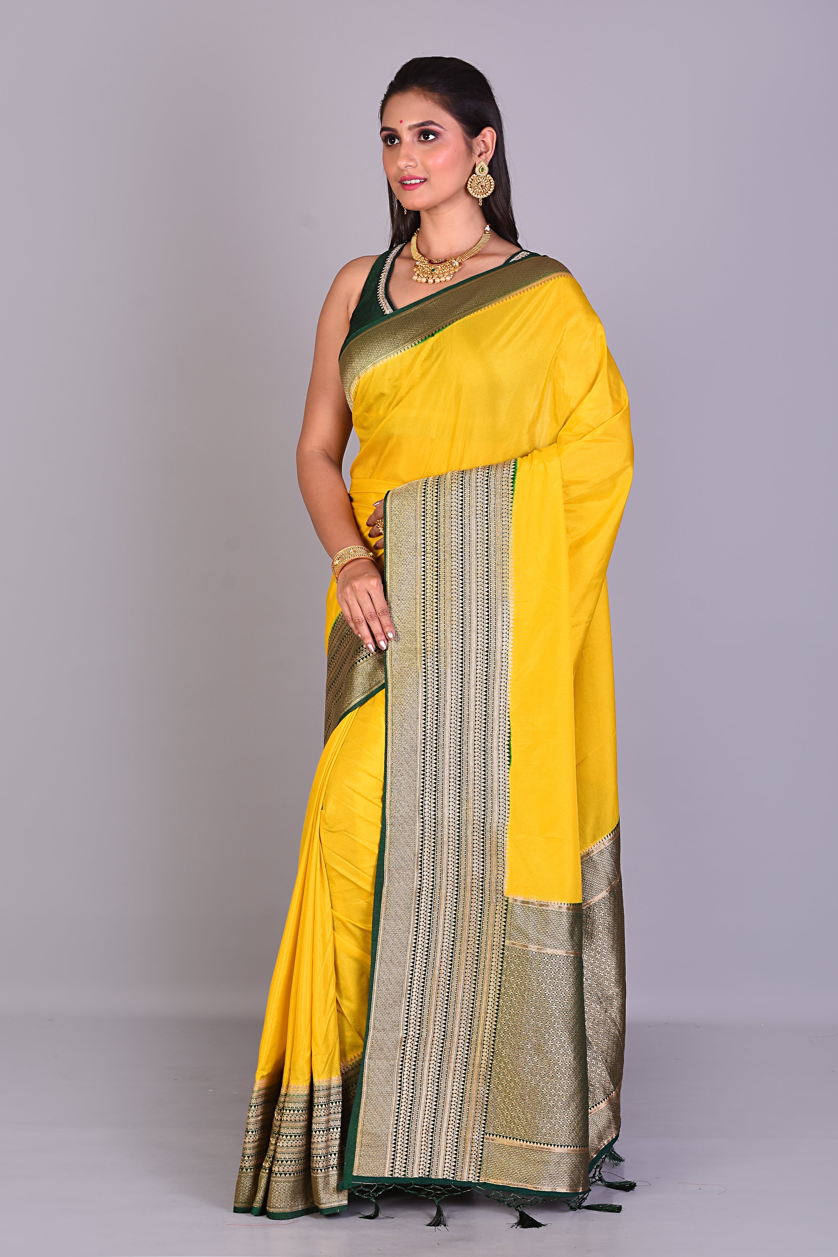 Olive Green Satin Silk Saree with Deep Green Borders - Keya Seth Exclusive