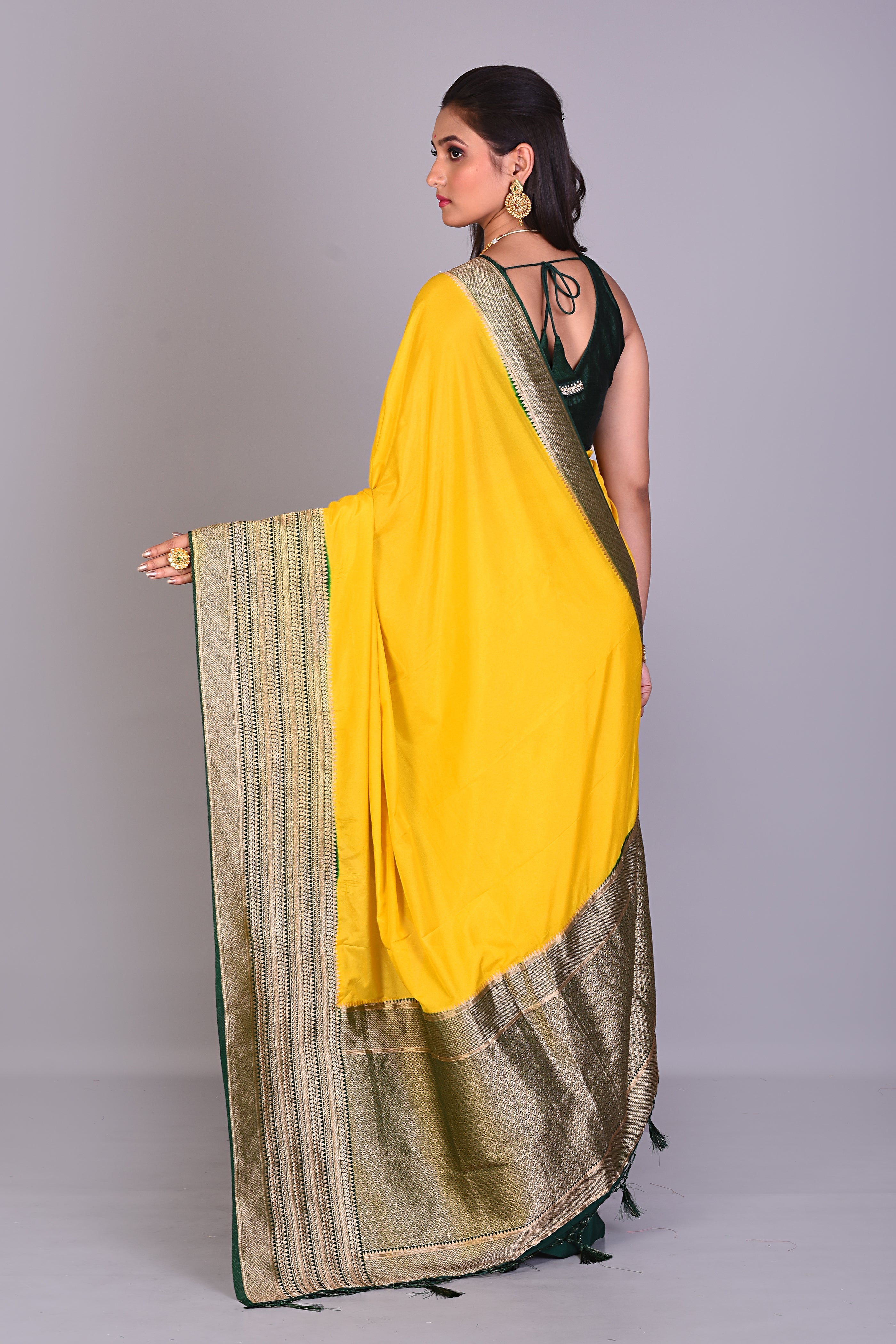 Olive Green Satin Silk Saree with Deep Green Borders - Keya Seth Exclusive