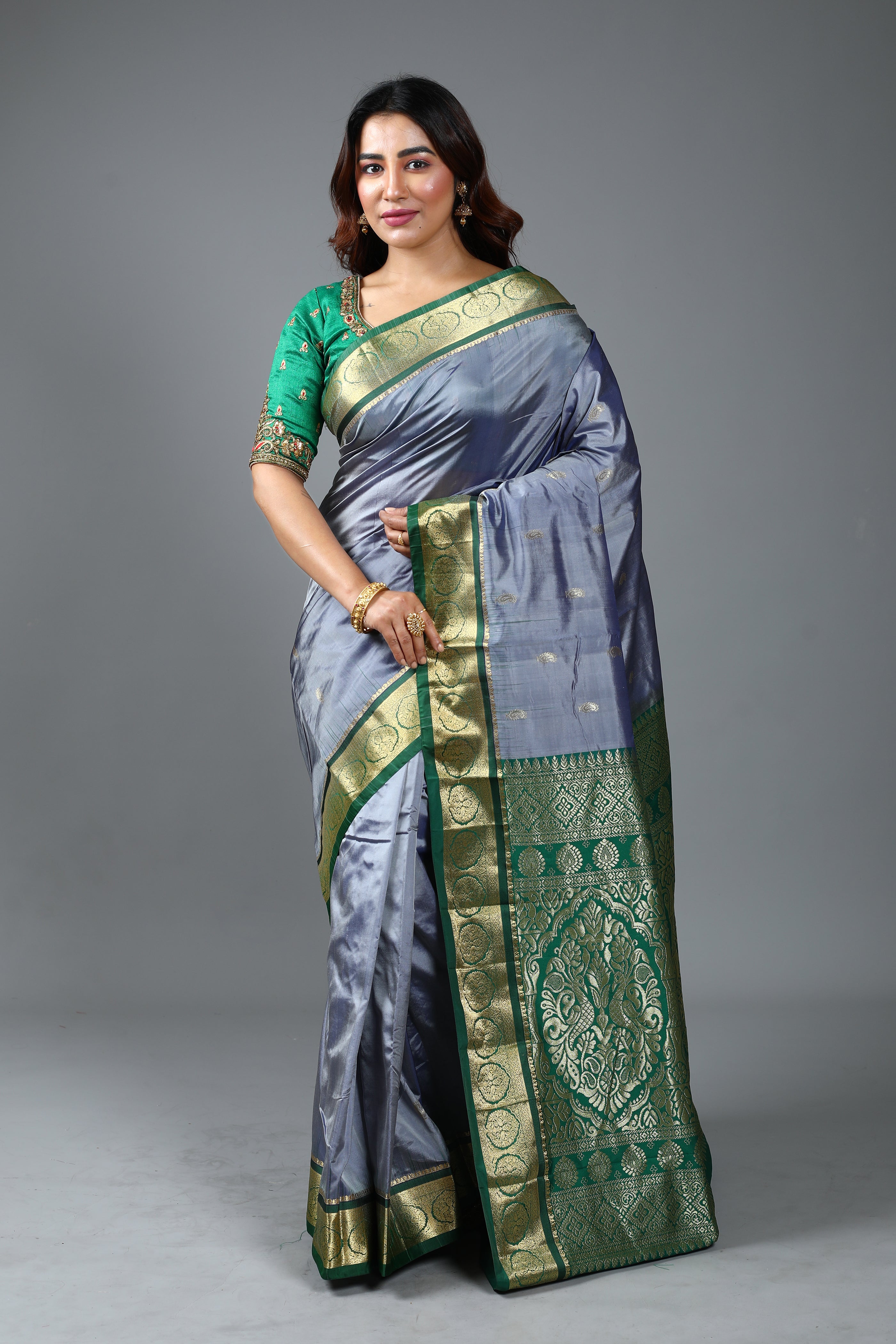 Grey Blended Kanjivaram Silk Saree
