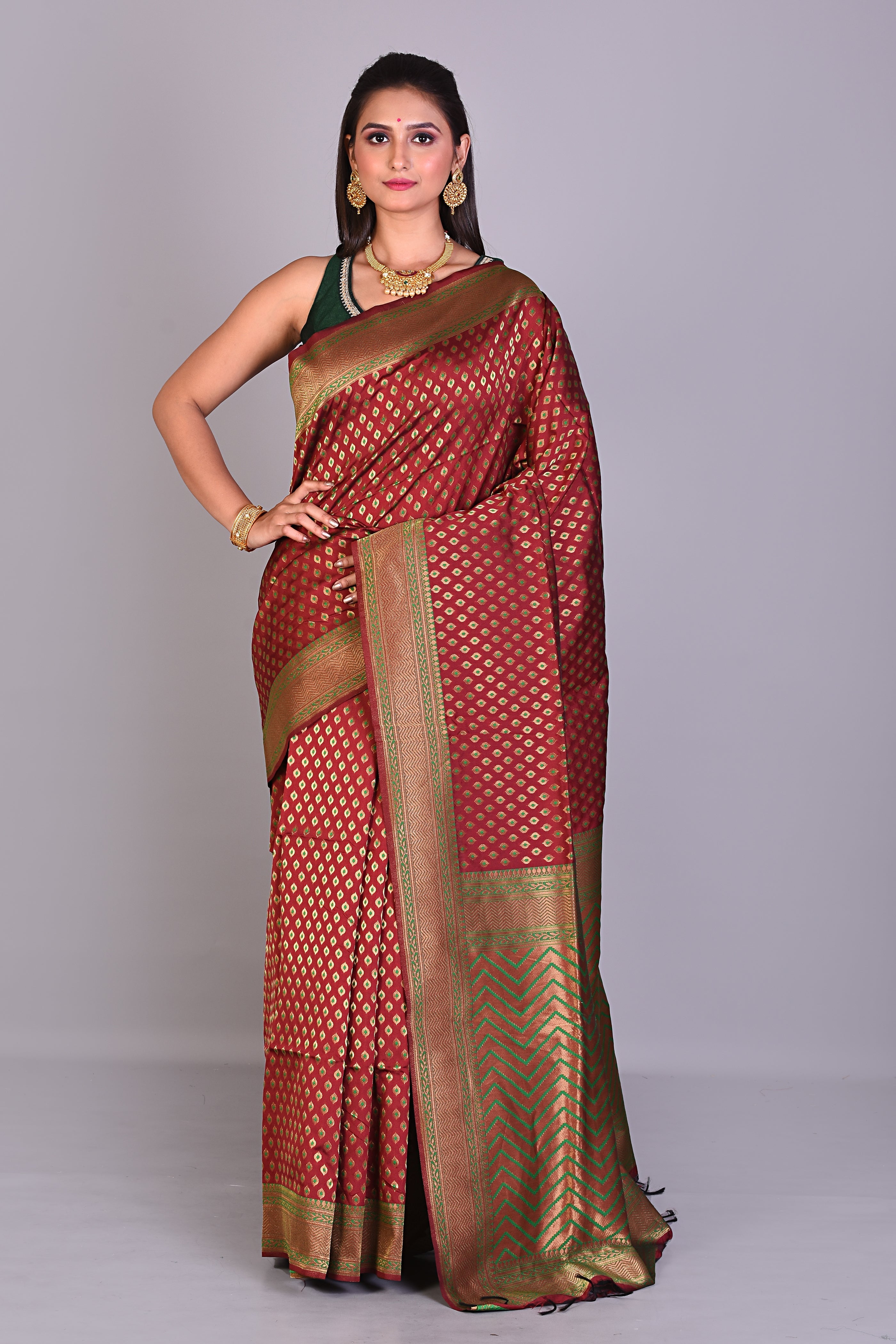 Maroon Art Silk Saree with Deep Green Borders - Keya Seth Exclusive