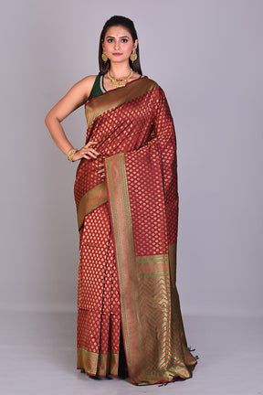 Maroon Art Silk Saree with Deep Green Borders - Keya Seth Exclusive