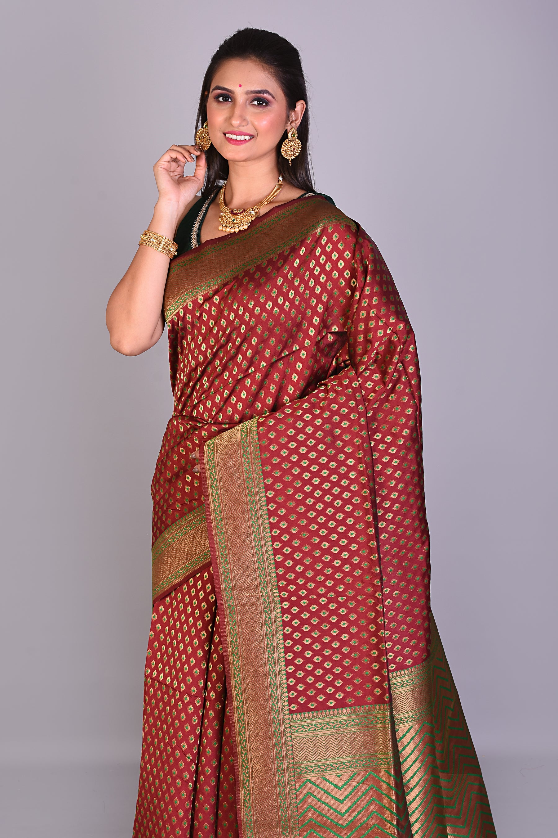 Maroon Art Silk Saree with Deep Green Borders - Keya Seth Exclusive