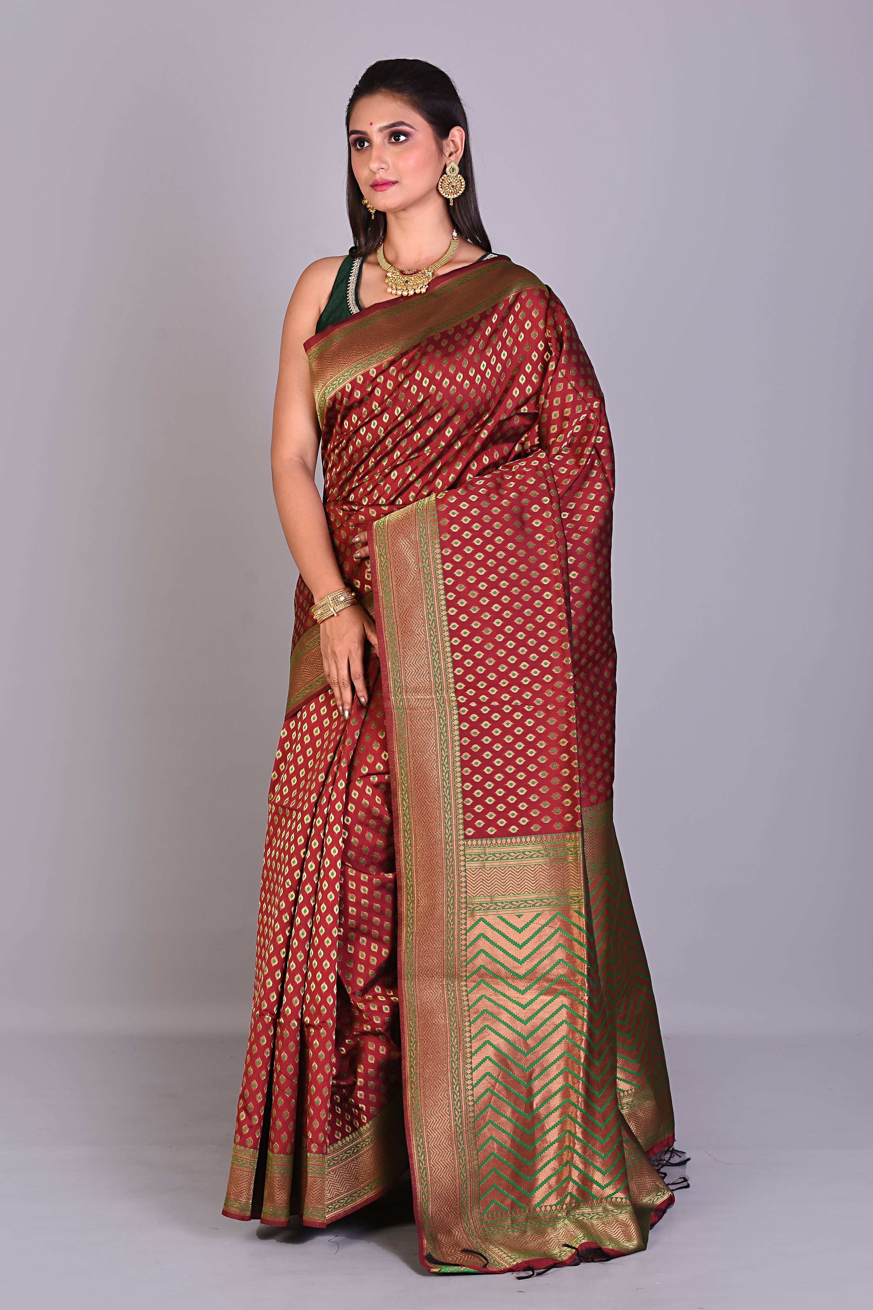 Maroon Art Silk Saree with Deep Green Borders - Keya Seth Exclusive