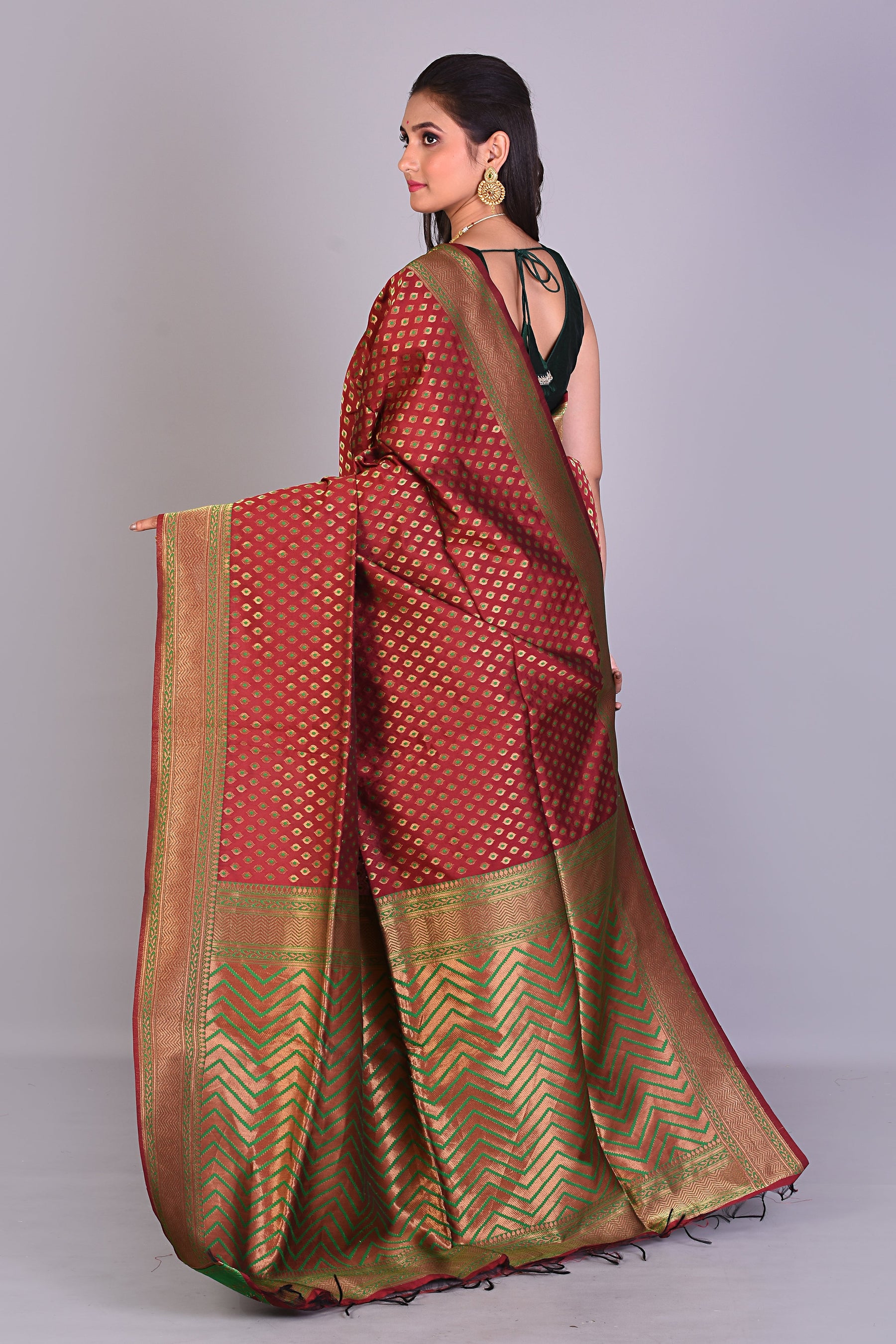 Maroon Art Silk Saree with Deep Green Borders - Keya Seth Exclusive