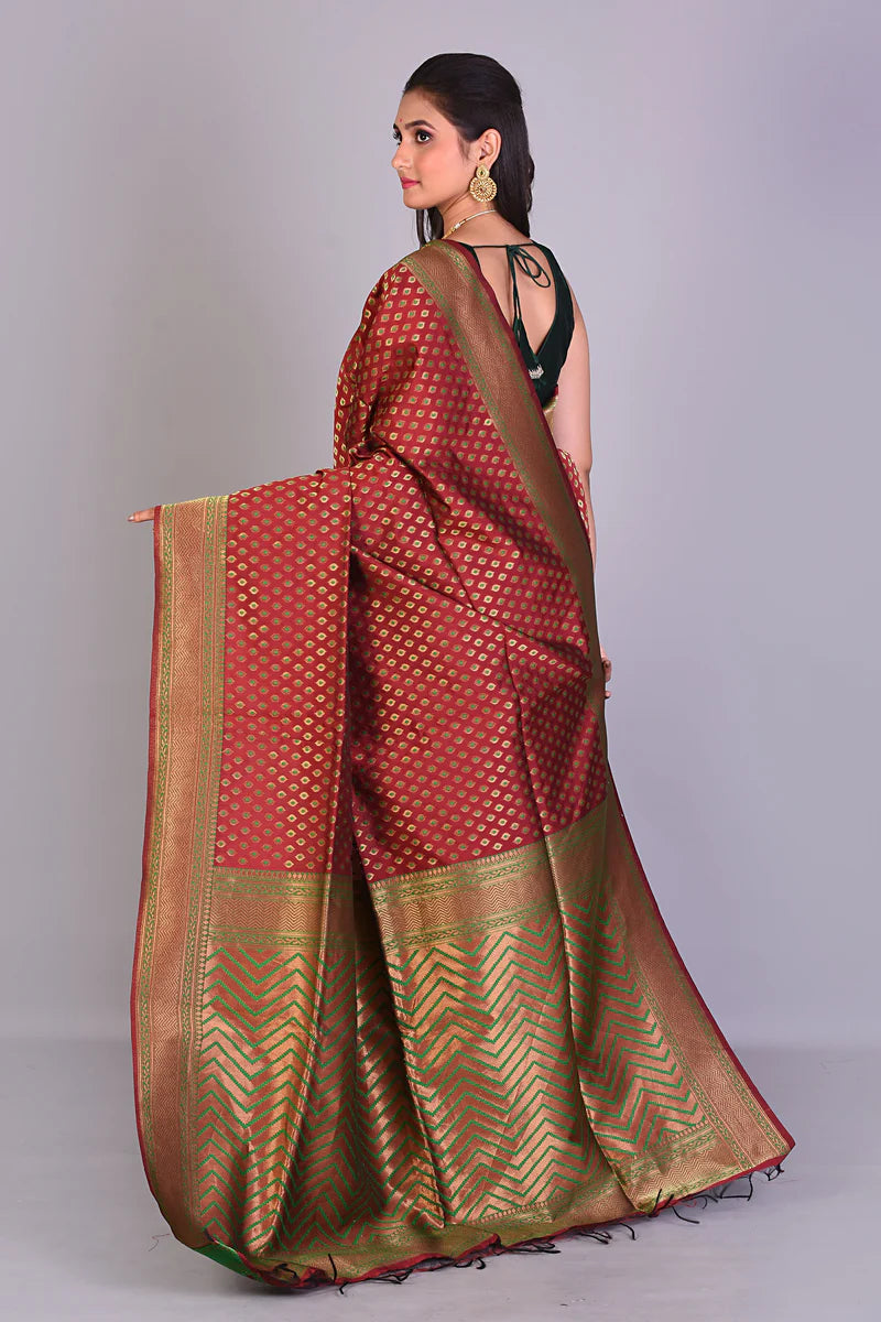Maroon Art Silk Saree with Deep Green Borders - Keya Seth Exclusive