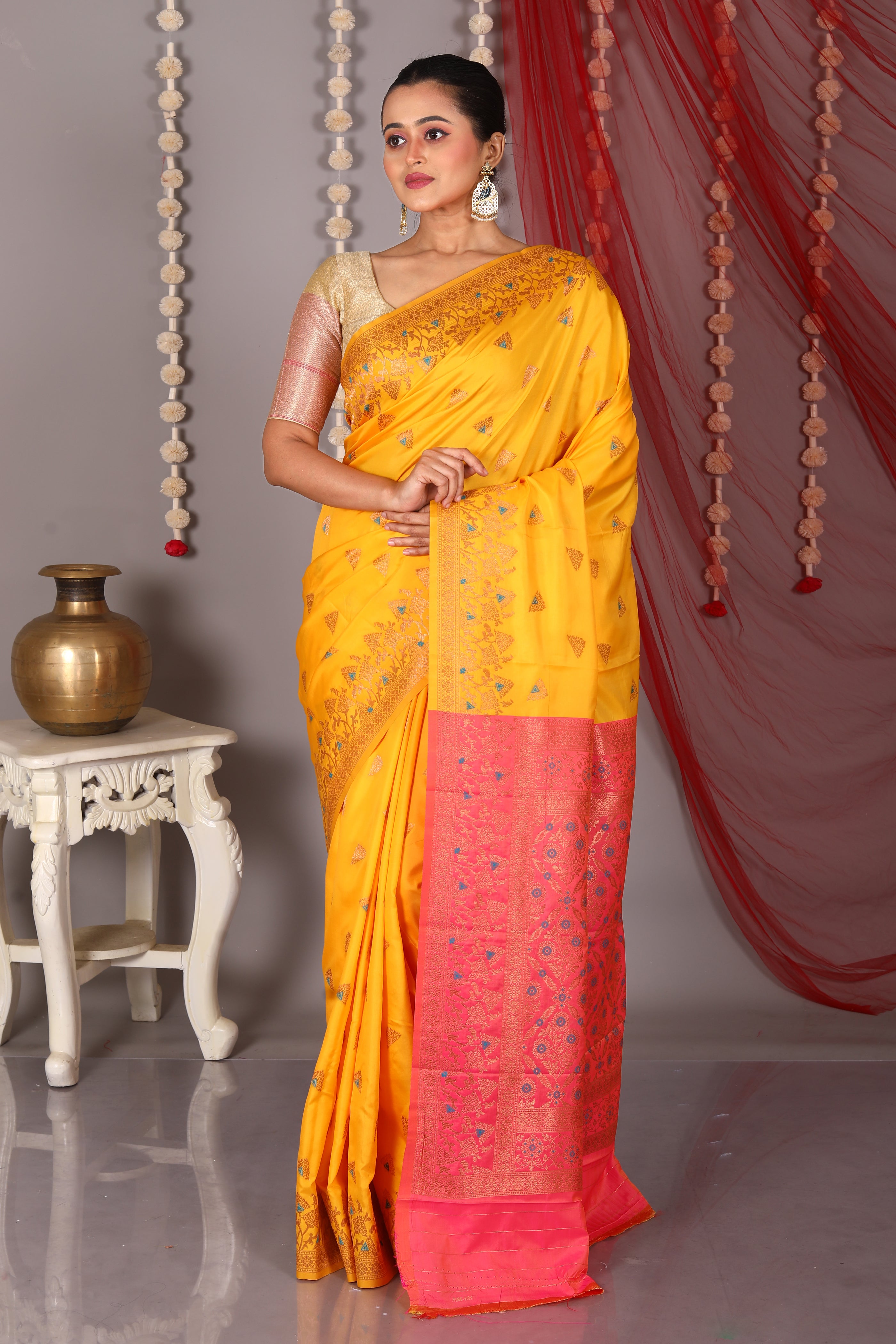 Yellow Blended Satin Silk Saree - Keya Seth Exclusive
