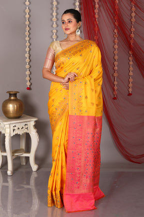 Yellow Blended Satin Silk Saree - Keya Seth Exclusive