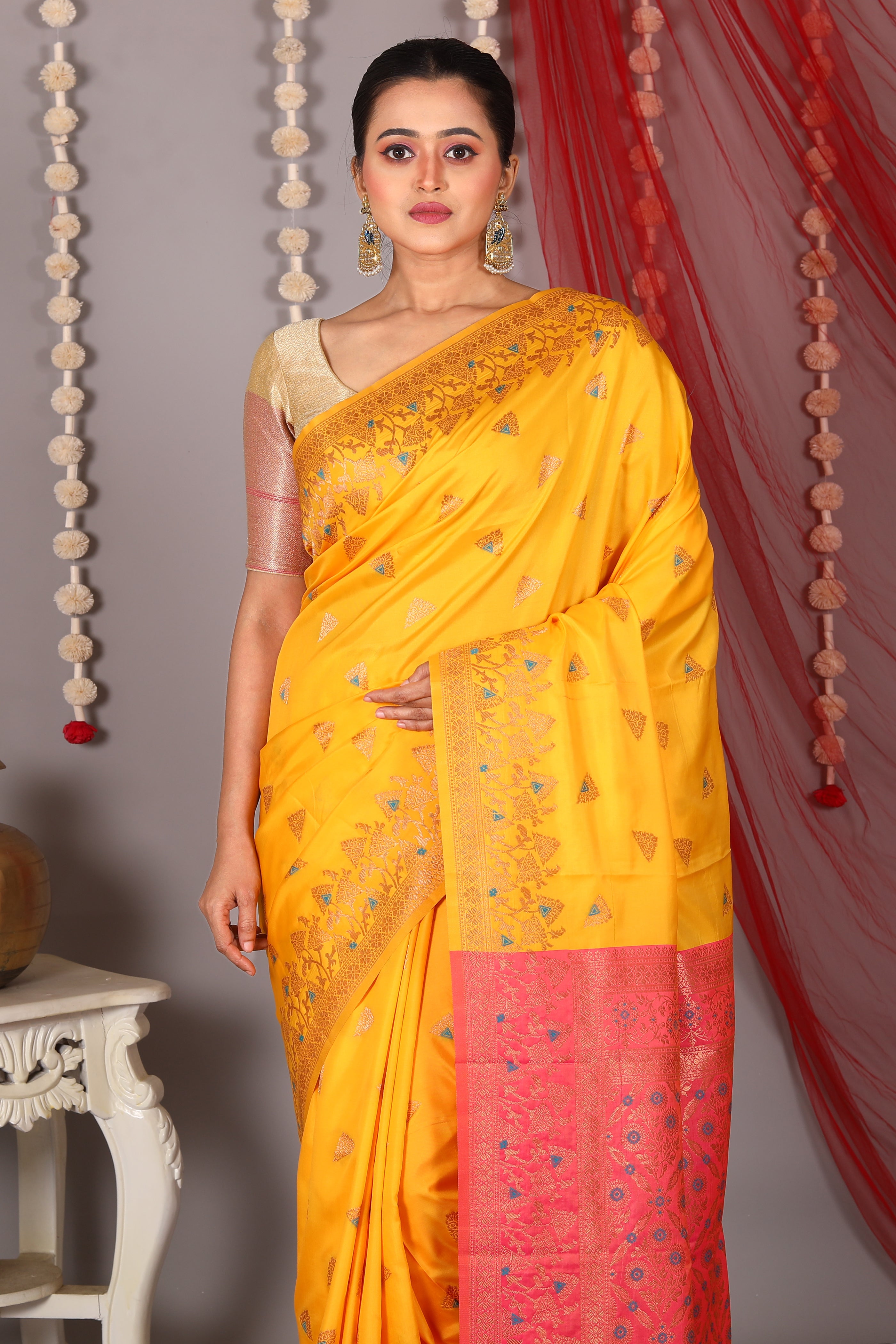 Yellow Blended Satin Silk Saree - Keya Seth Exclusive