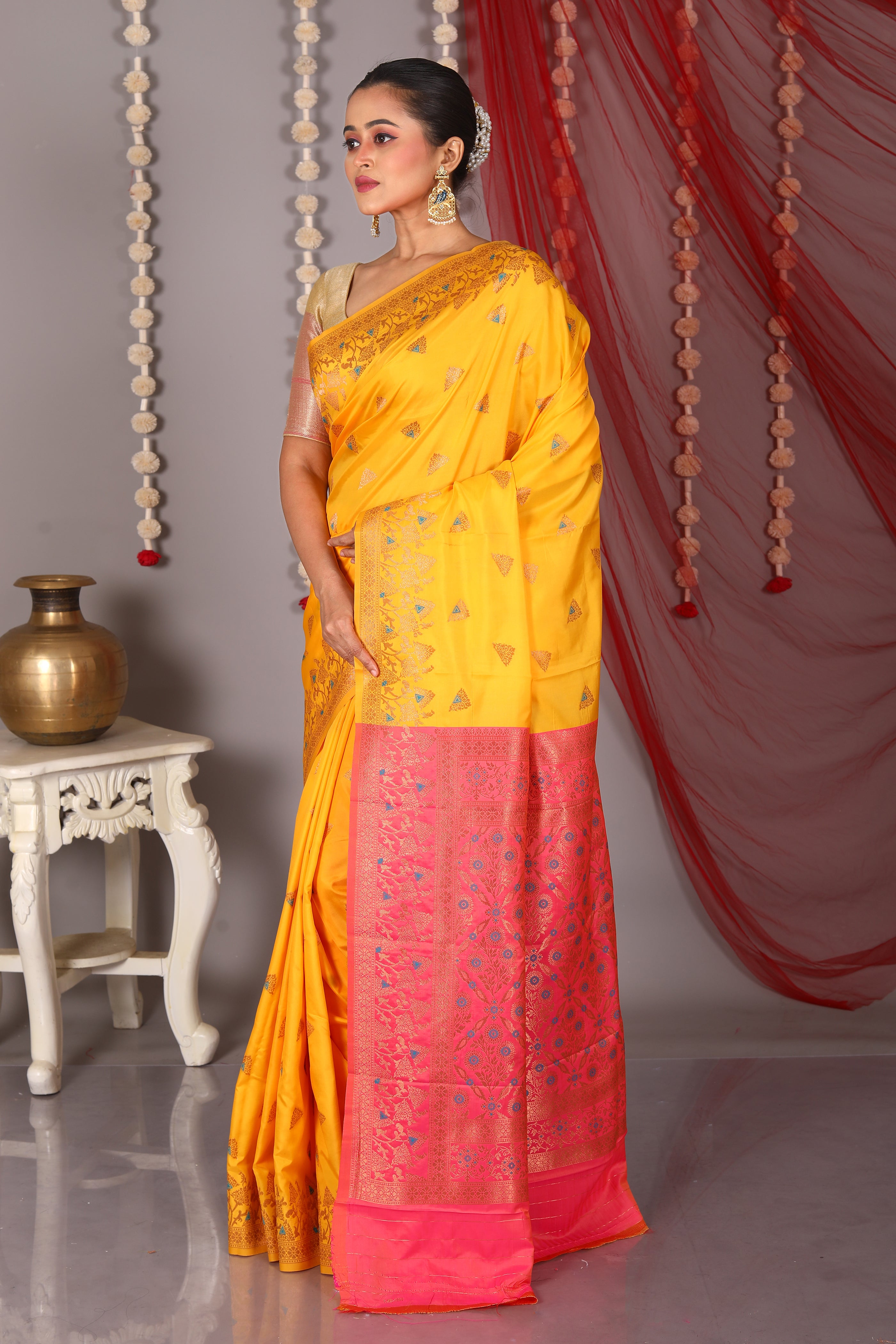 Yellow Blended Satin Silk Saree - Keya Seth Exclusive