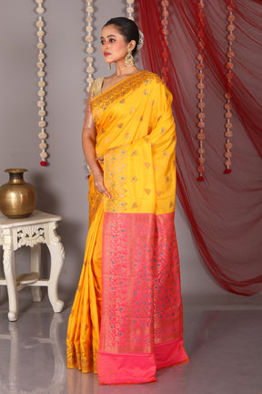 Yellow Blended Satin Silk Saree - Keya Seth Exclusive