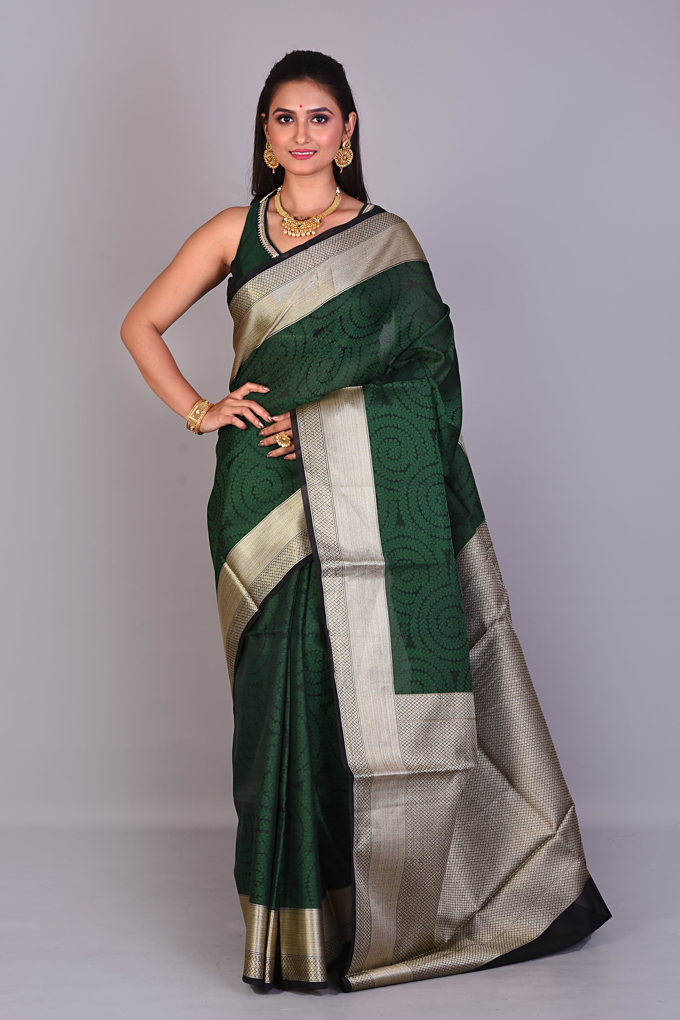 Deep Green Brasso Saree with Golden Borders - Keya Seth Exclusive