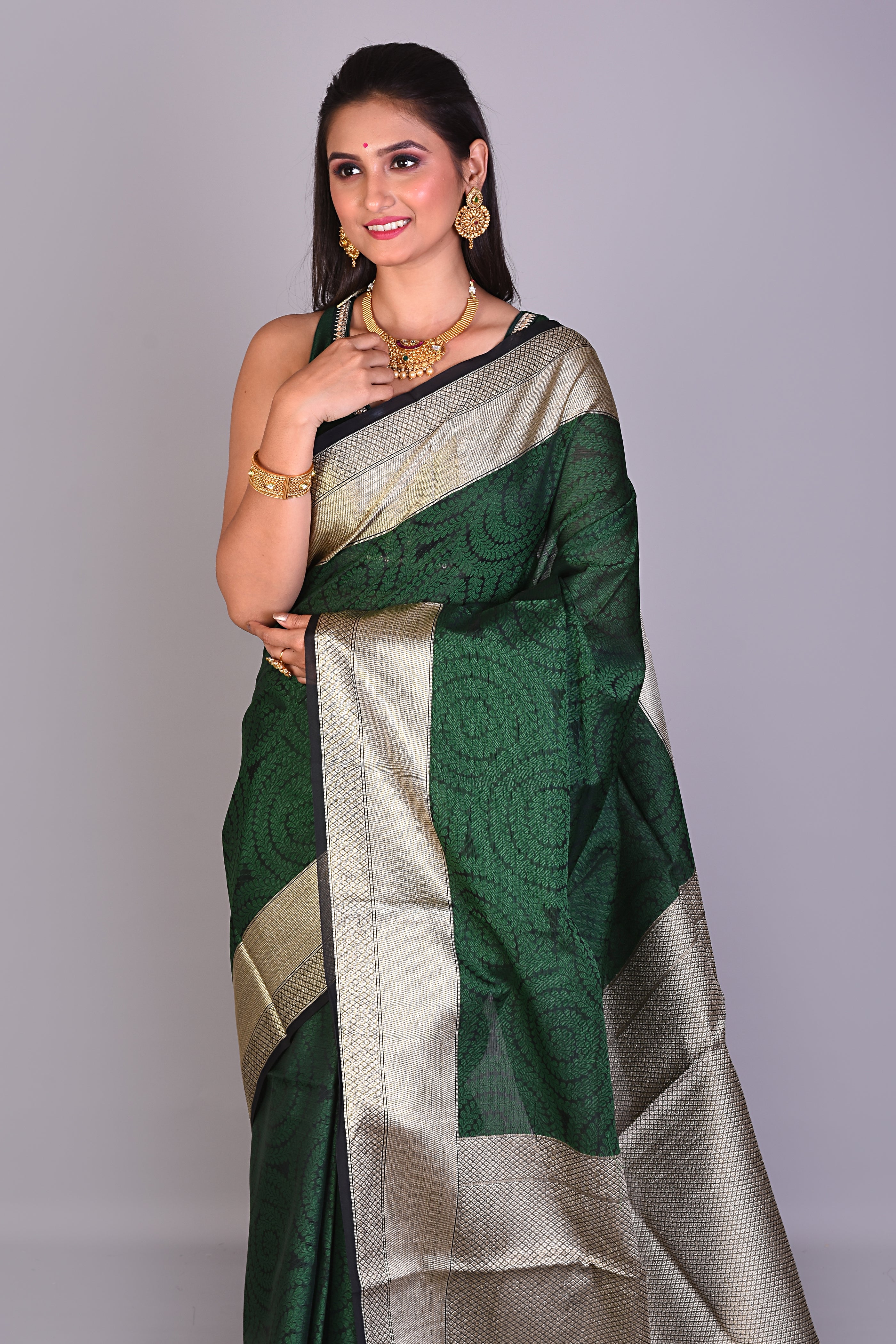 Deep Green Brasso Saree with Golden Borders - Keya Seth Exclusive