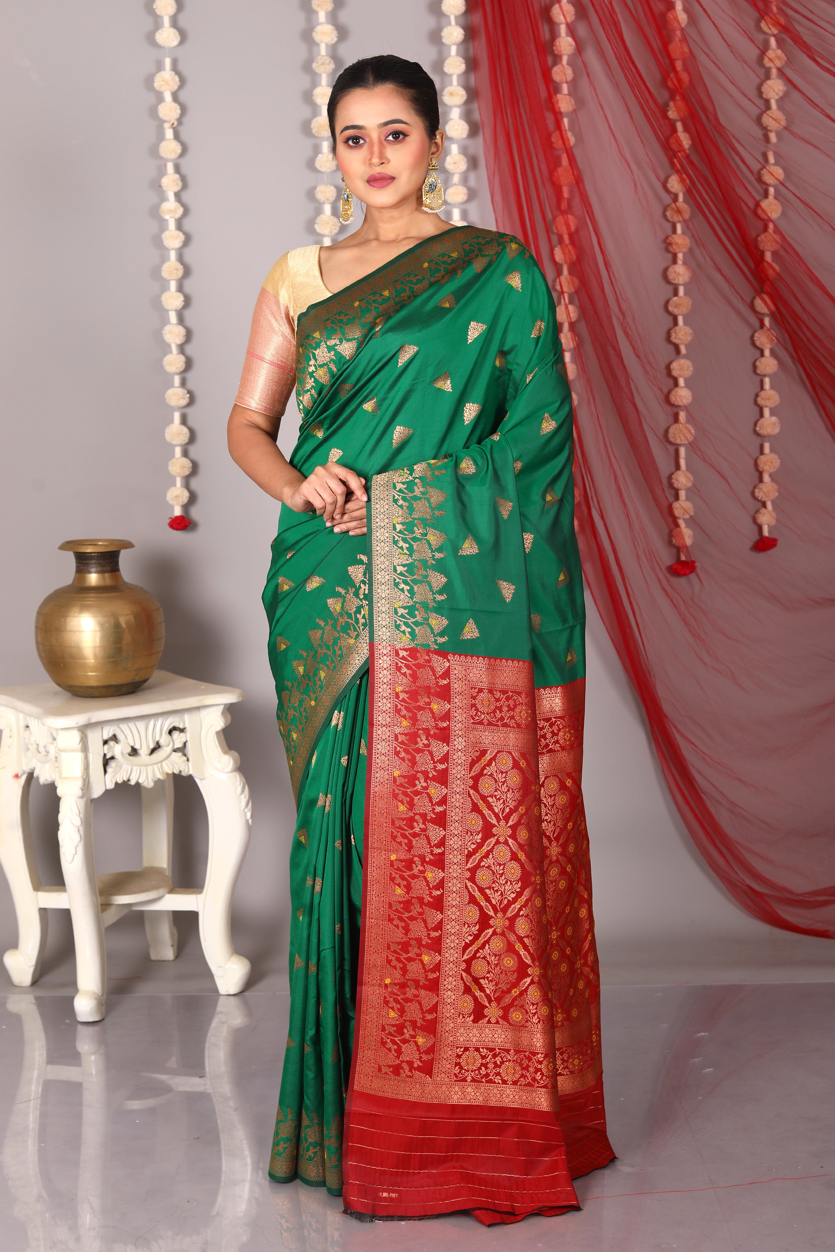 Bottle Green Blended Satin Silk Saree - Keya Seth Exclusive