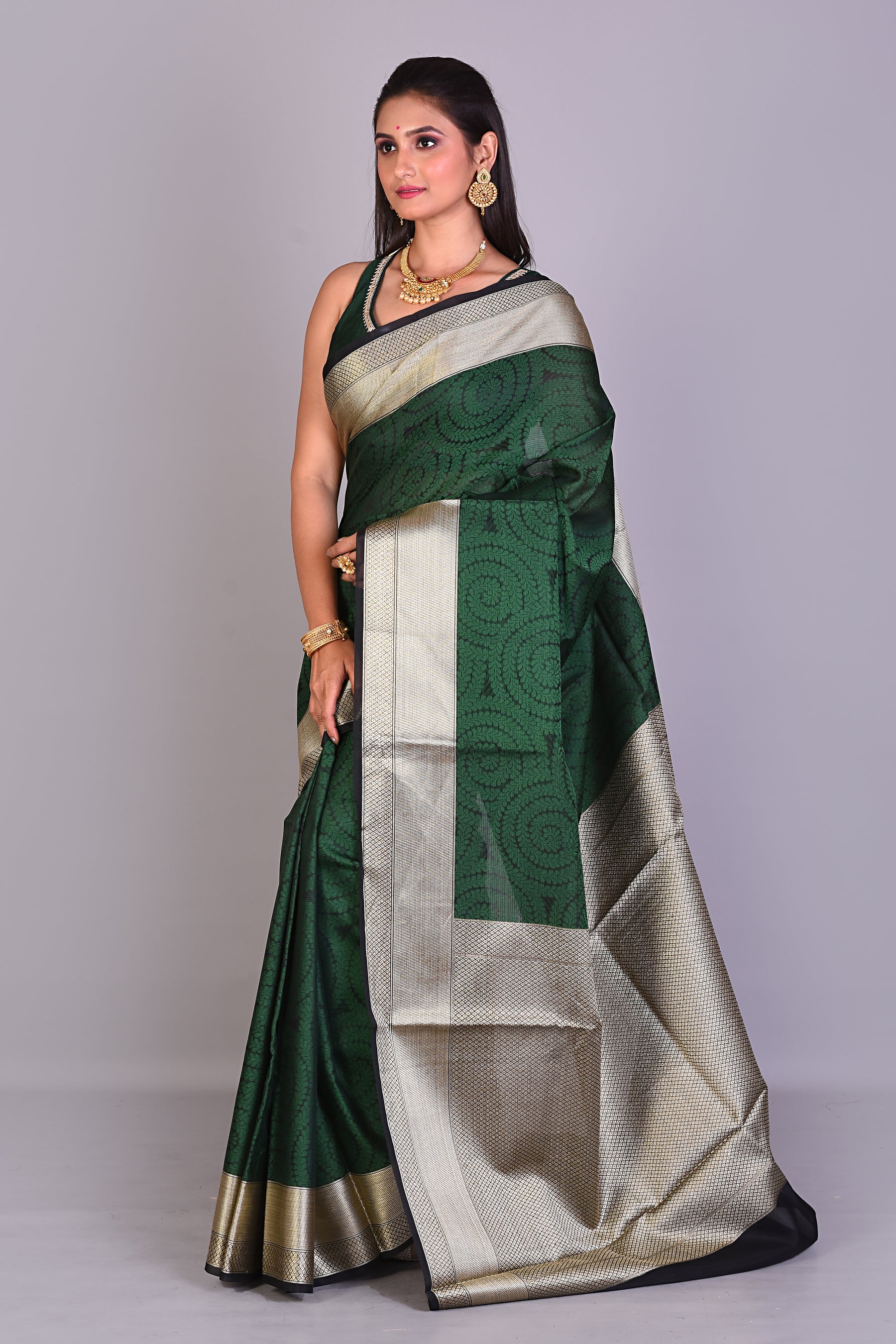 Deep Green Brasso Saree with Golden Borders - Keya Seth Exclusive