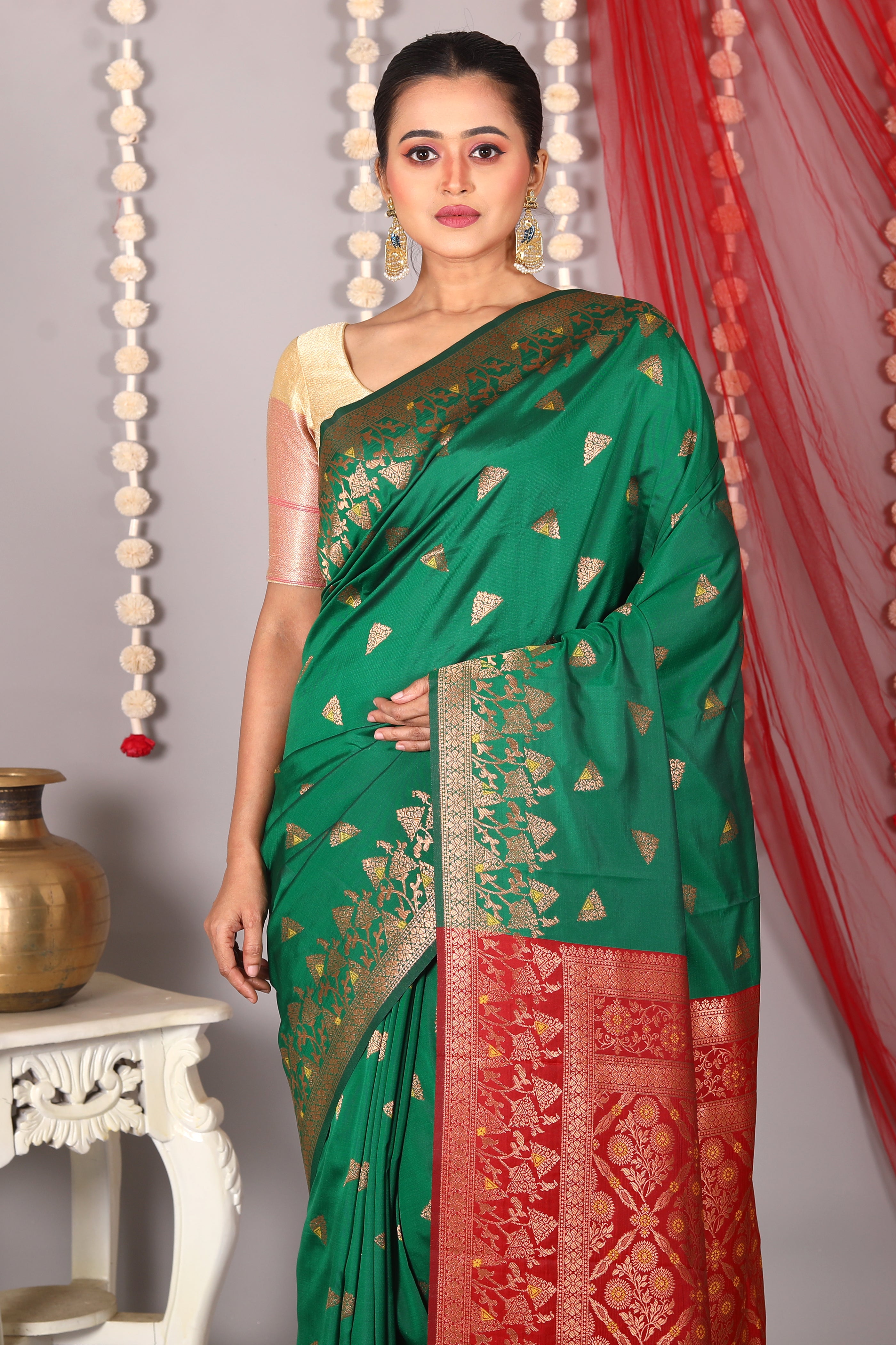 Bottle Green Blended Satin Silk Saree - Keya Seth Exclusive