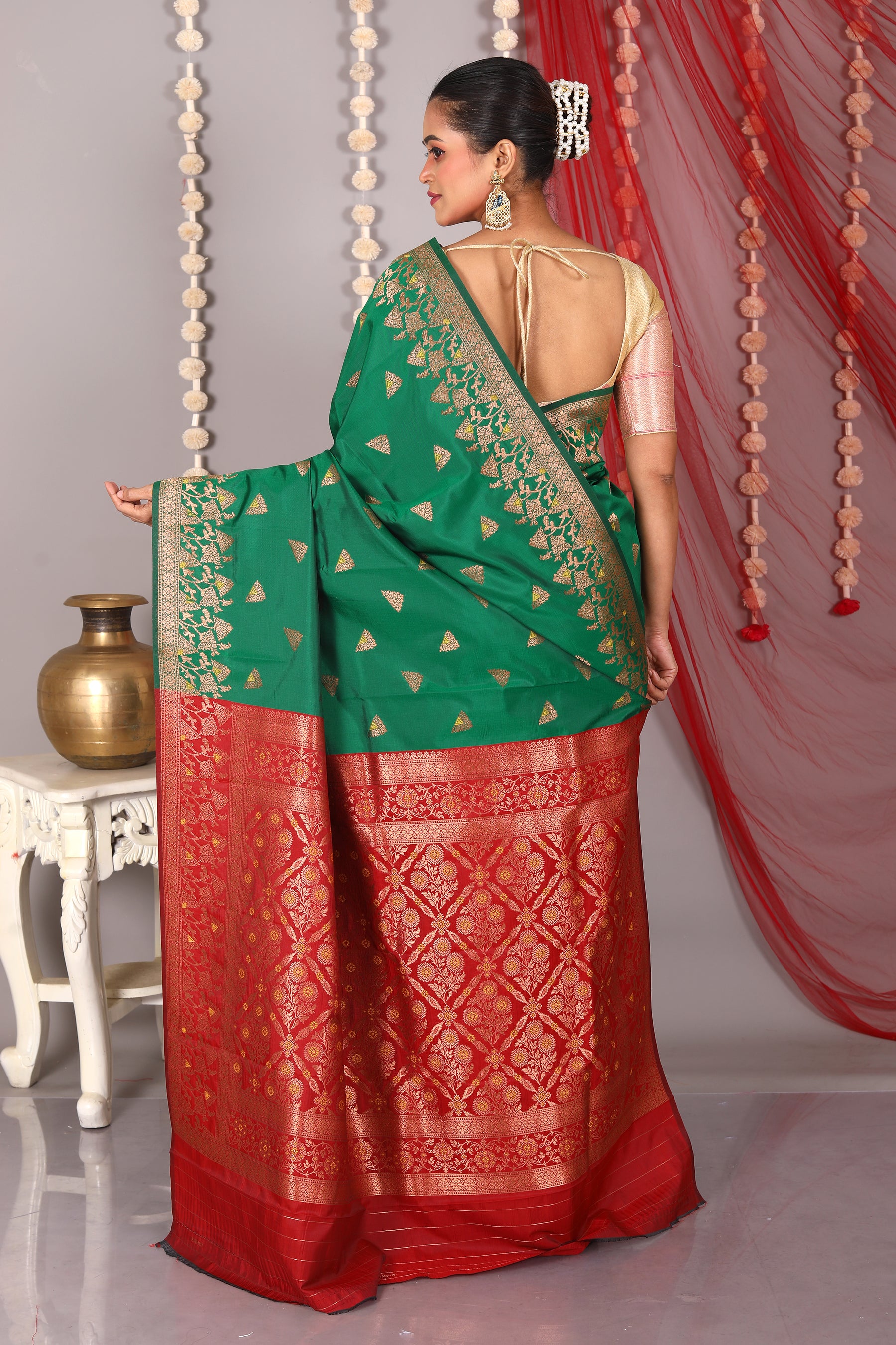 Bottle Green Blended Satin Silk Saree - Keya Seth Exclusive