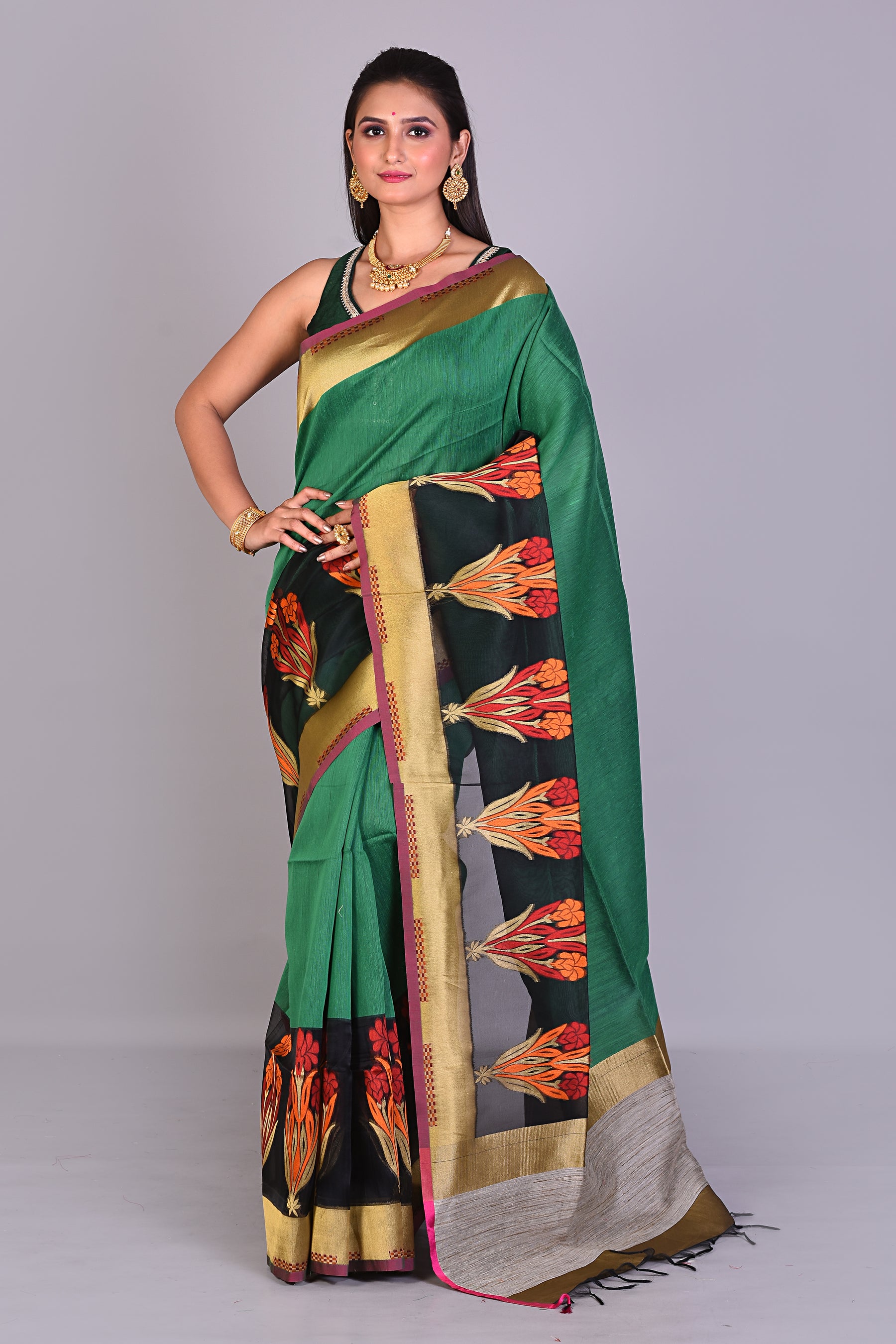 Deep Green Blended Organza Saree with Floral Works - Keya Seth Exclusive