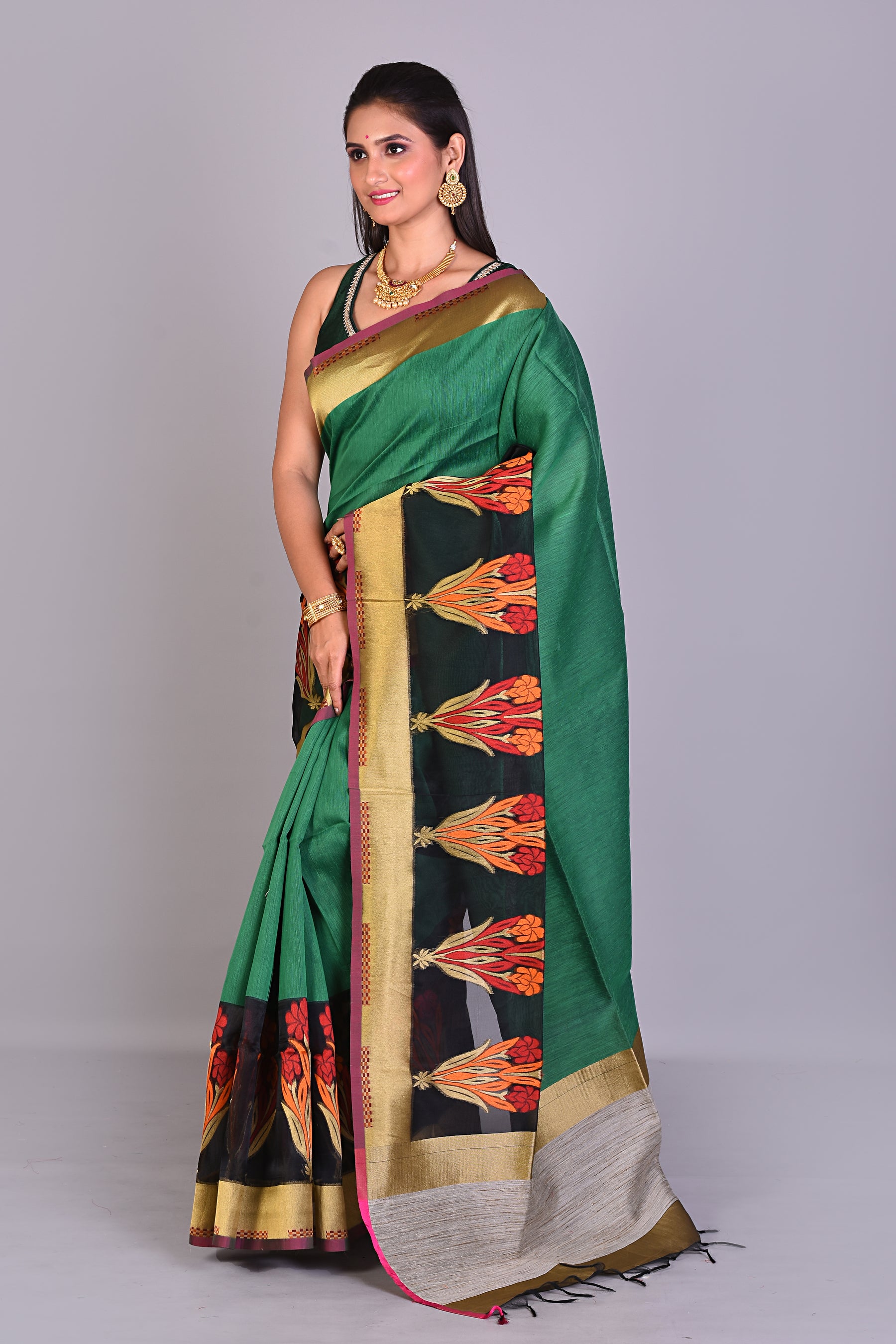 Deep Green Blended Organza Saree with Floral Works - Keya Seth Exclusive