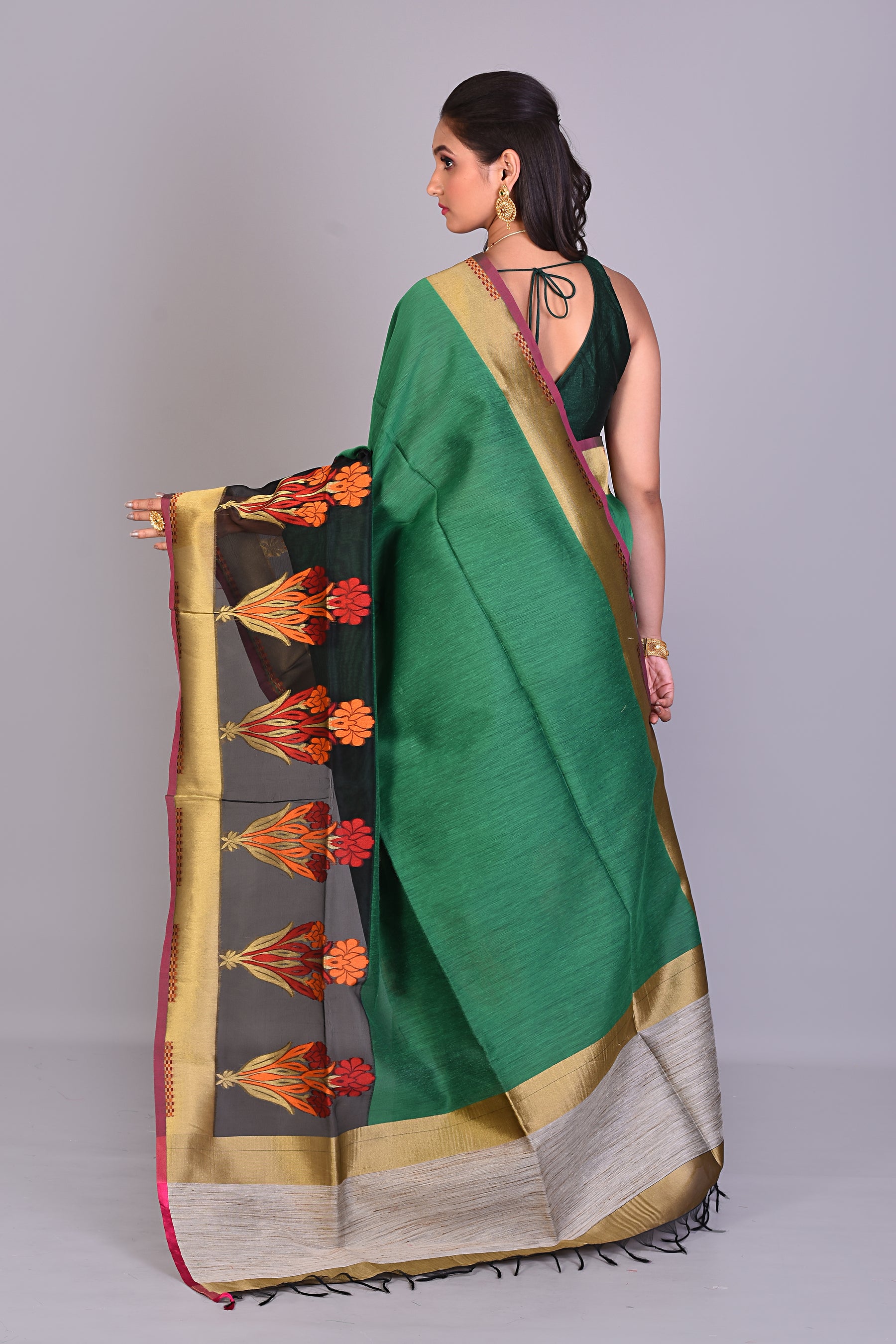 Deep Green Blended Organza Saree with Floral Works - Keya Seth Exclusive