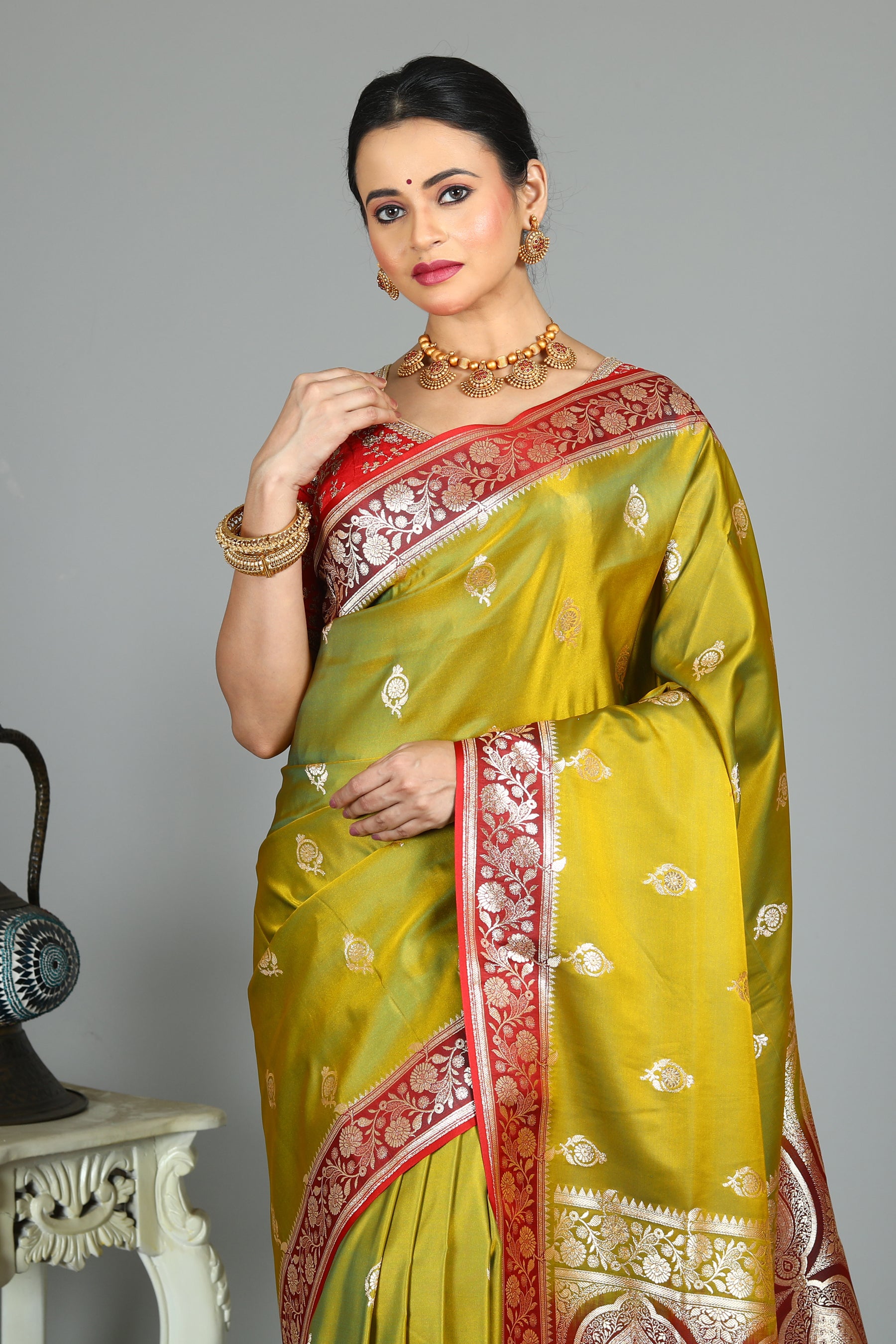 Olive Green Blended Mashru Silk Saree