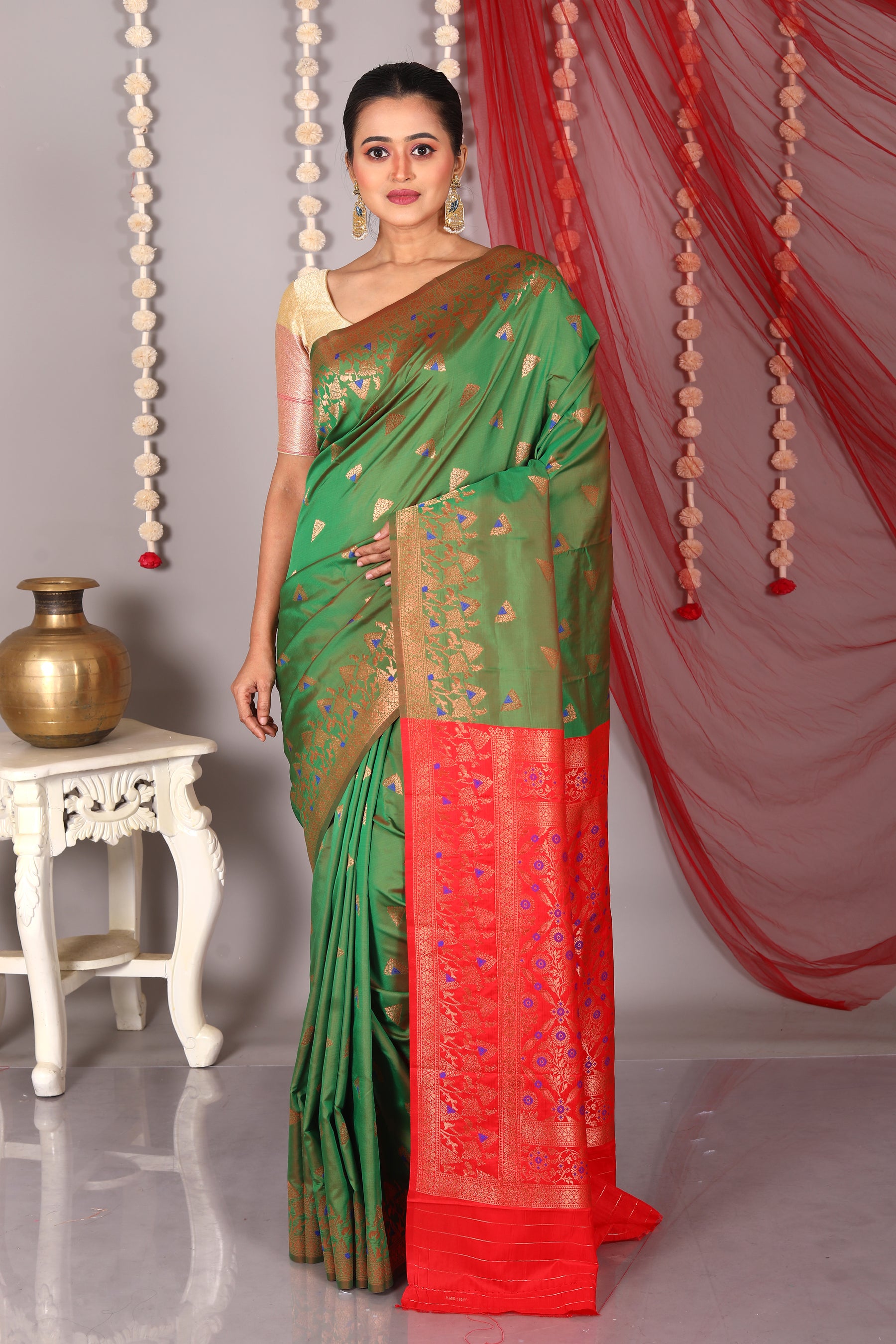 Olive Green Blended Satin Silk Saree - Keya Seth Exclusive