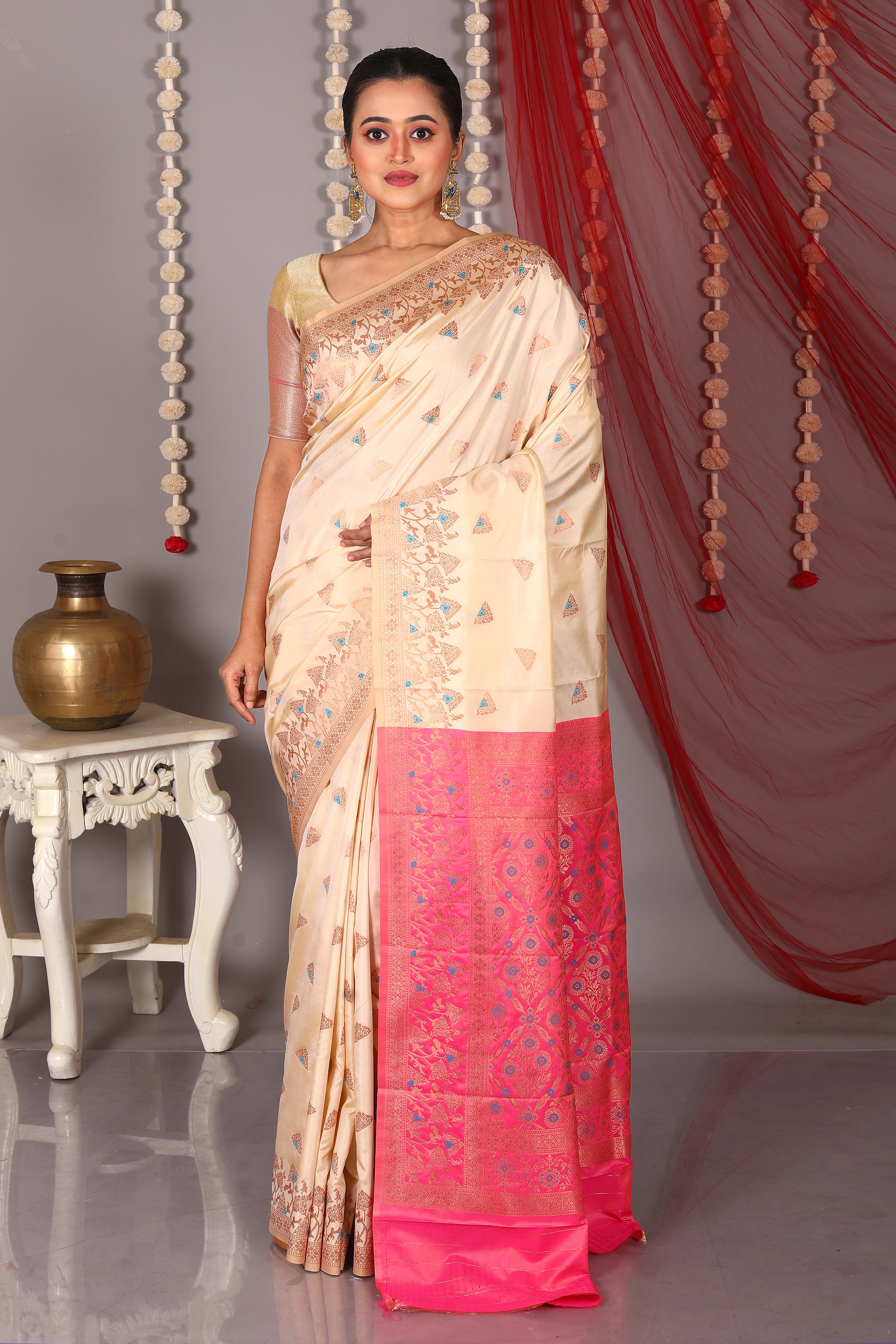 White Blended Satin Silk Saree - Keya Seth Exclusive